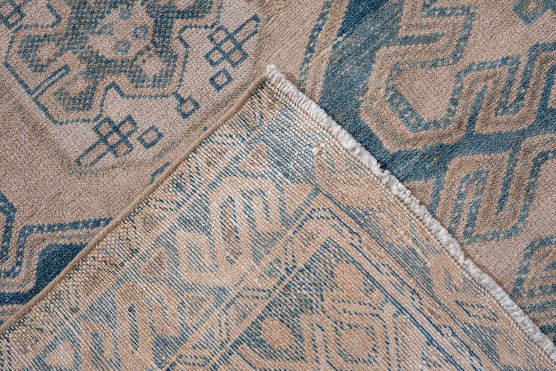 3' x 9' one-of-a-kind handmade vintage Malayer runner rug. Color palette: ivory, sky blue, slate blue, taupe, beige