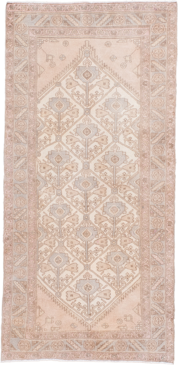 3' x 6' one-of-a-kind handmade antique Malayer runner rug. Color palette: ivory, blush, taupe, pale_blue, sand, pink, beige