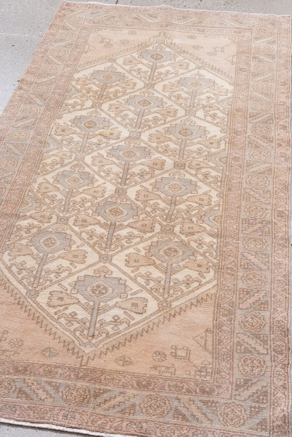 3' x 6' one-of-a-kind handmade vintage Malayer runner rug. Color palette: antiquewhite, gray, light gray, linen, off-white