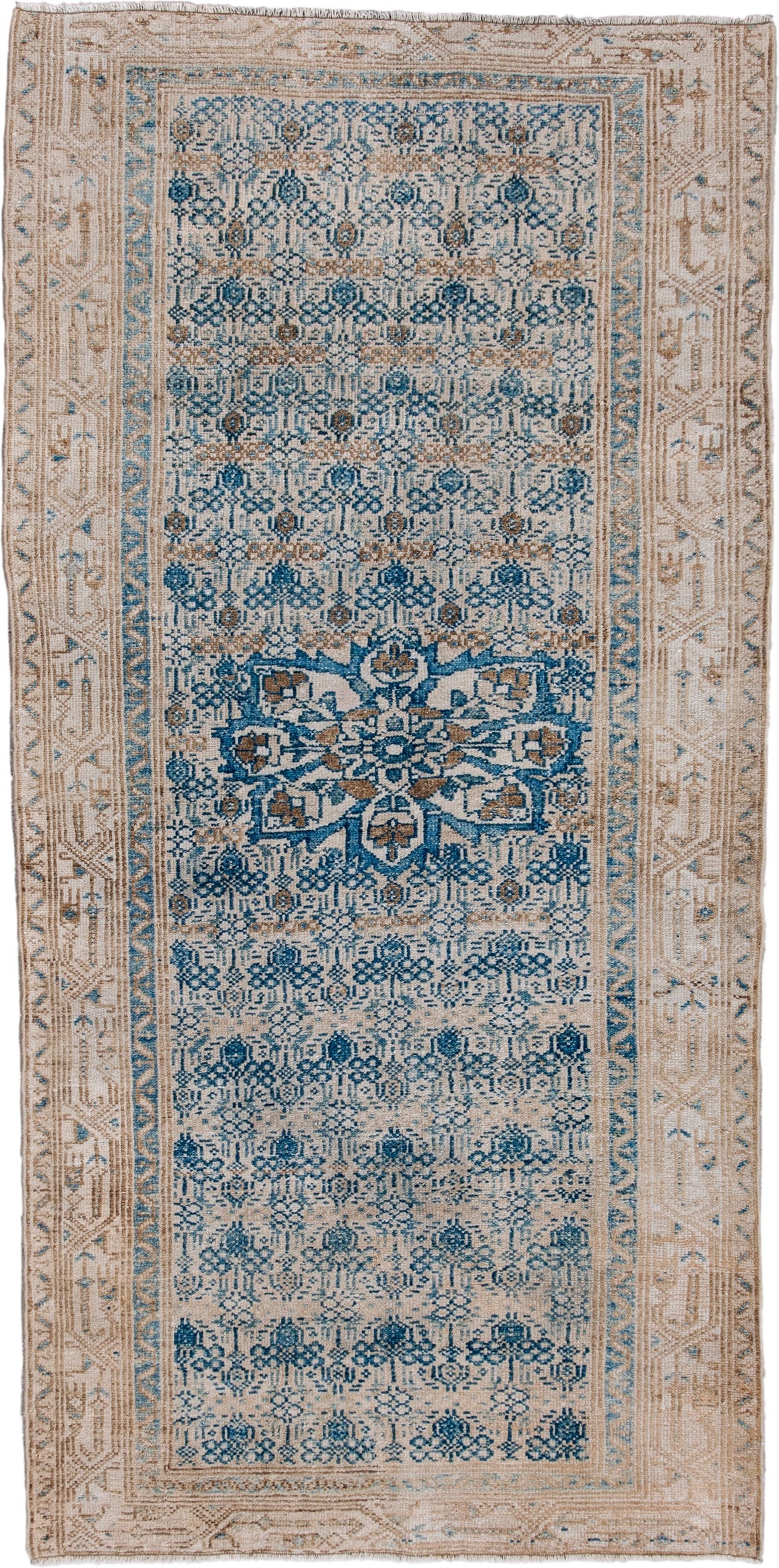 3' x 6' one-of-a-kind handmade antique Malayer runner rug. Color palette: ivory, blue, taupe, beige, camel, slate, gray