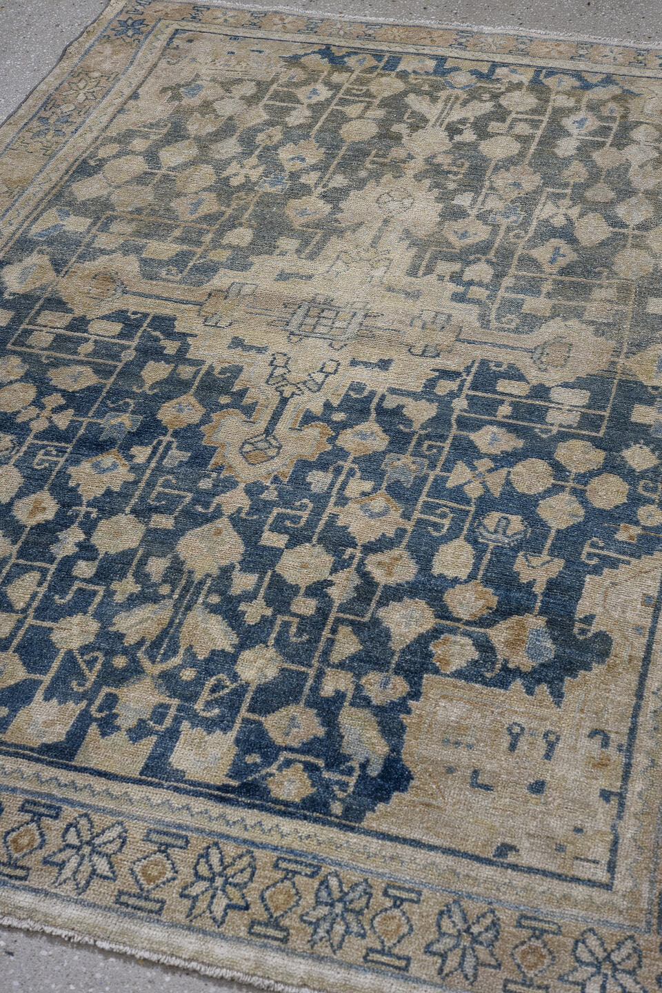 4' x 6' one-of-a-kind handmade antique Hamadan small size rug. Color palette: ivory, indigo, beige, slate, taupe, purple