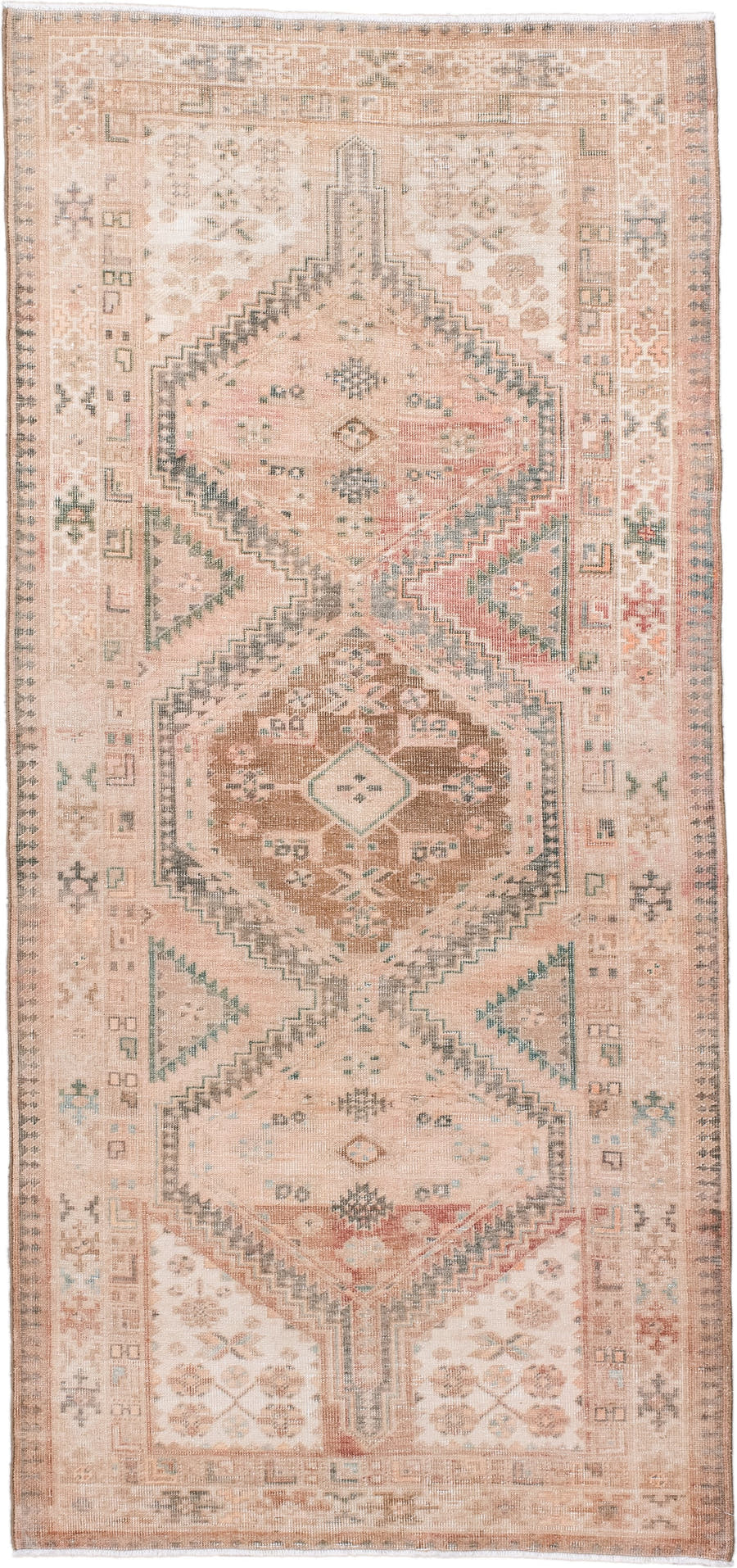 3' x 7' one-of-a-kind handmade antique Sarab runner rug. Color palette: blush, ivory, camel, taupe, pale teal, muted rust