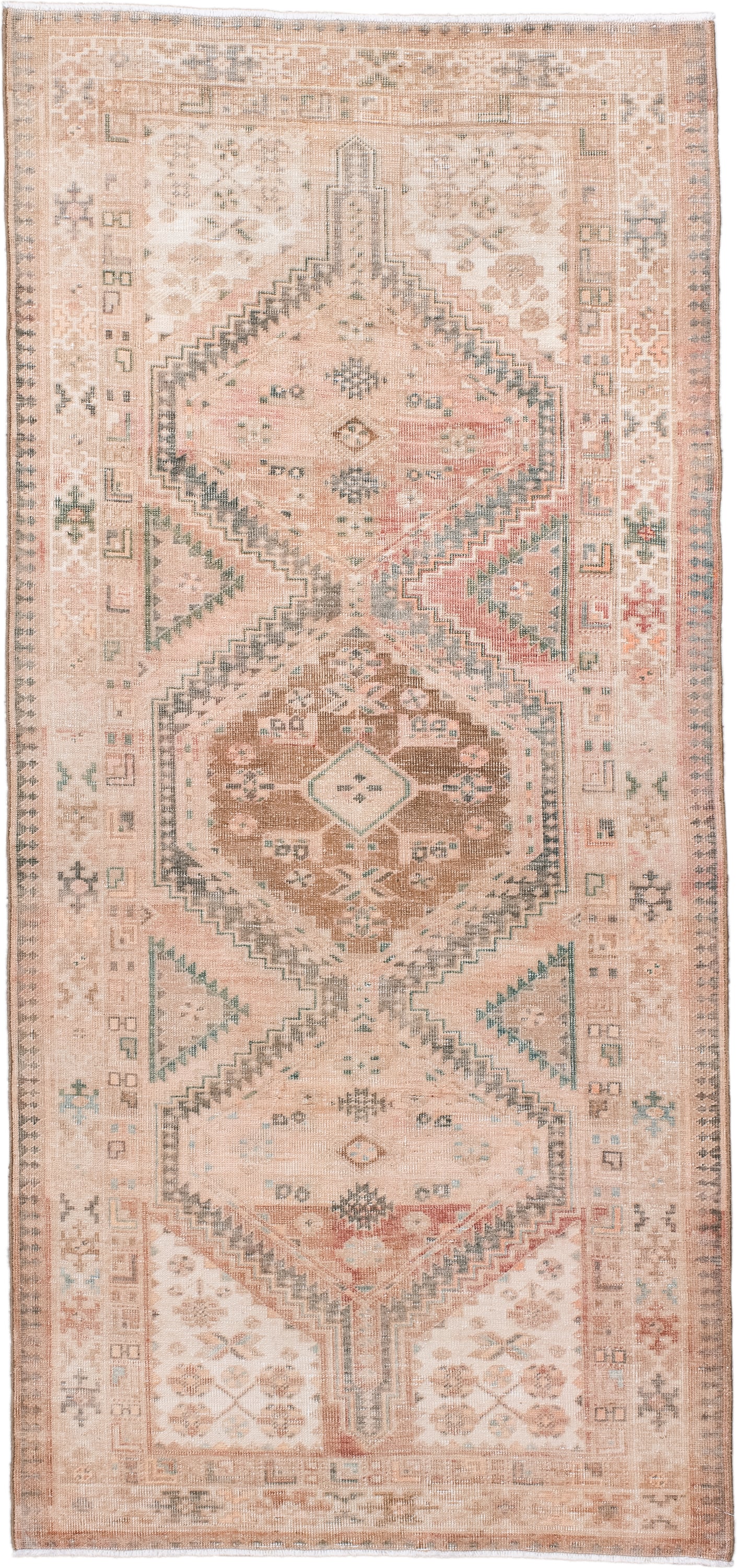 3' x 7' one-of-a-kind handmade antique Sarab runner rug. Color palette: blush, ivory, camel, taupe, pale teal, muted rust