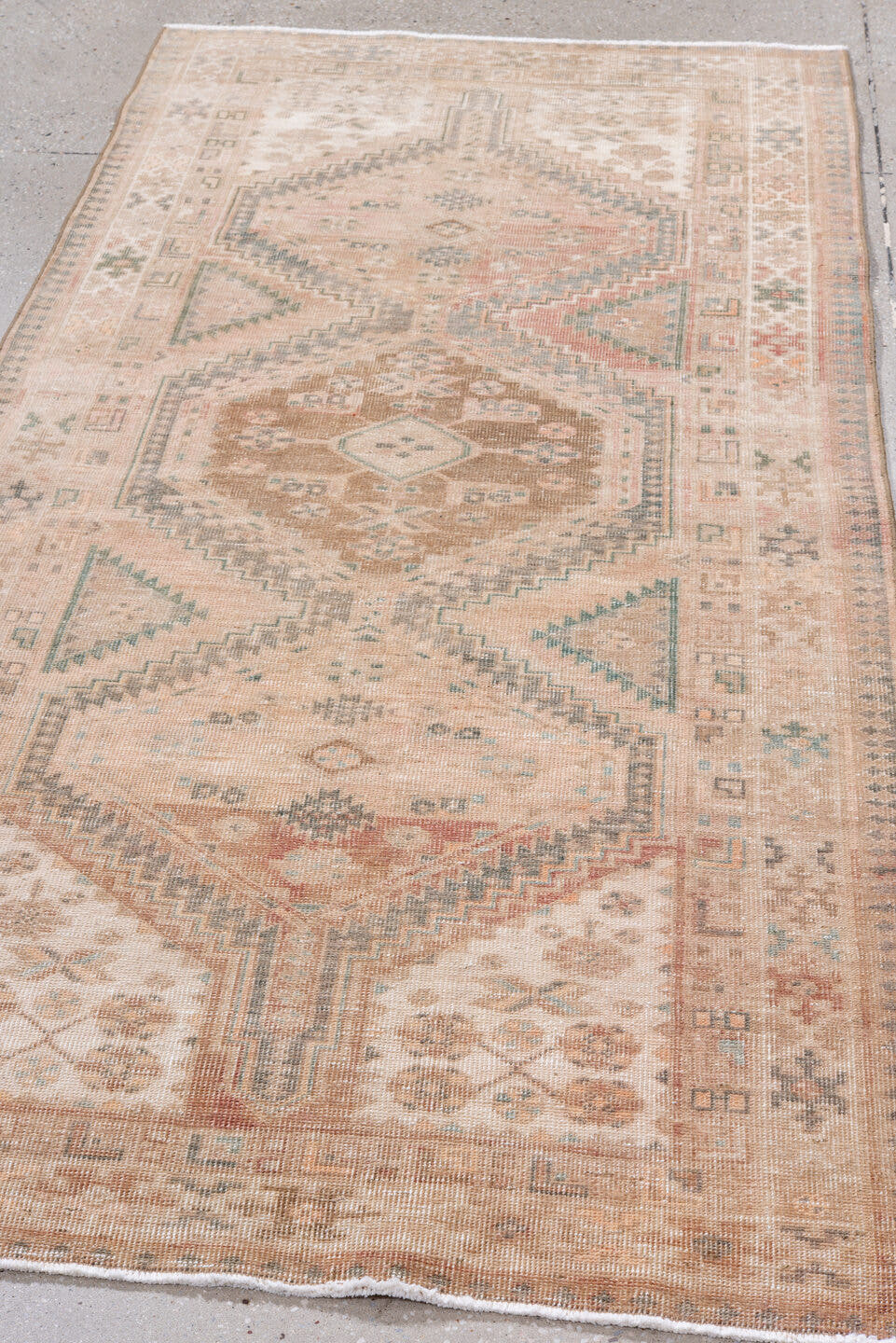 3' x 7' one-of-a-kind handmade antique Sarab runner rug. Color palette: blush, ivory, camel, taupe, pale teal, muted rust
