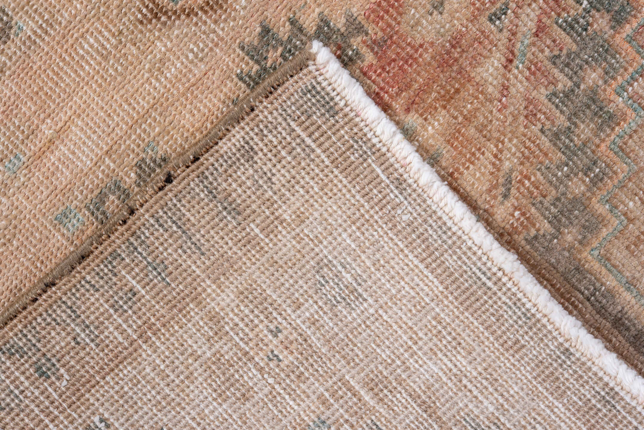 3' x 7' one-of-a-kind handmade antique Sarab runner rug. Color palette: blush, ivory, camel, taupe, pale teal, muted rust