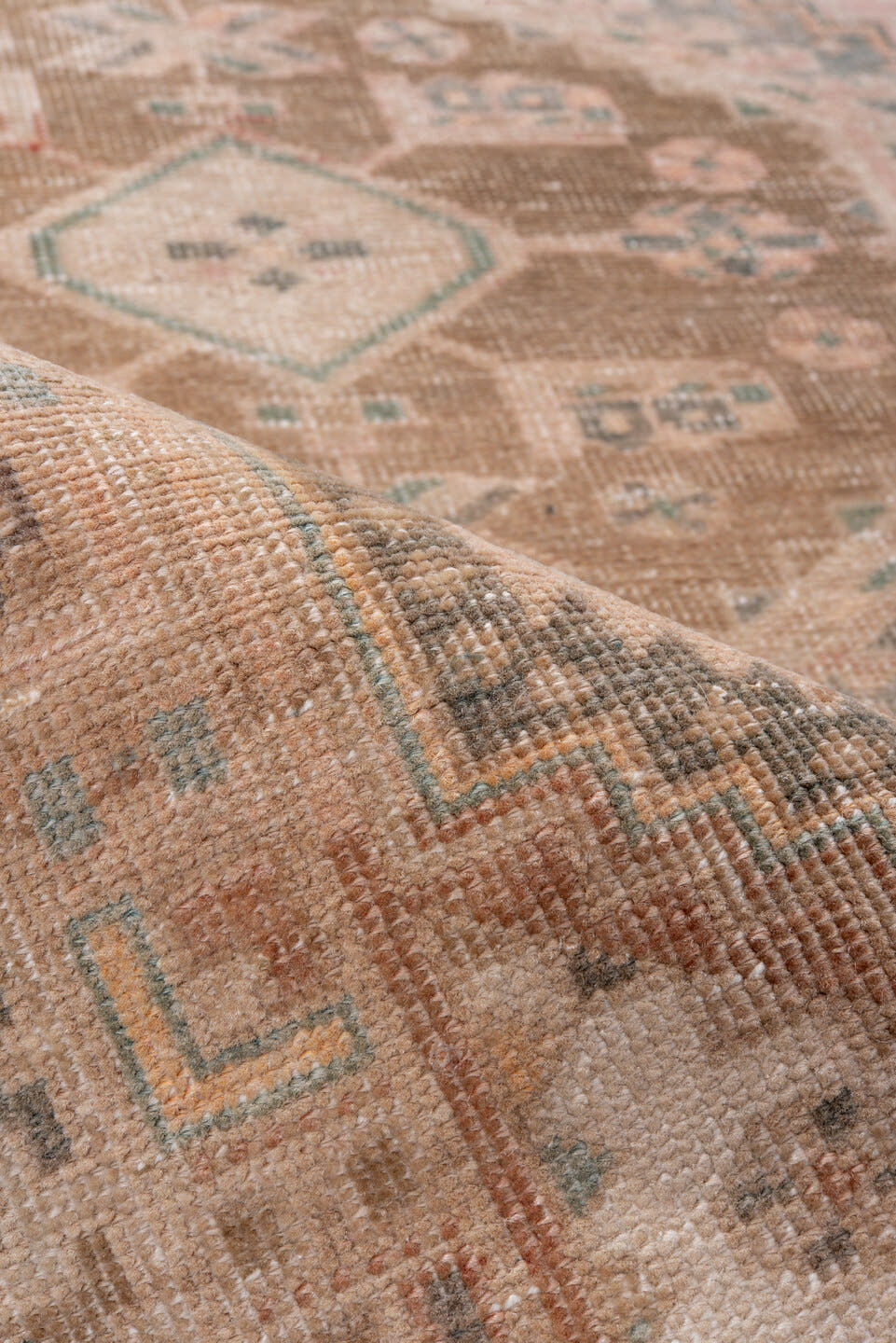 3' x 7' one-of-a-kind handmade antique Sarab runner rug. Color palette: blush, ivory, camel, taupe, pale teal, muted rust