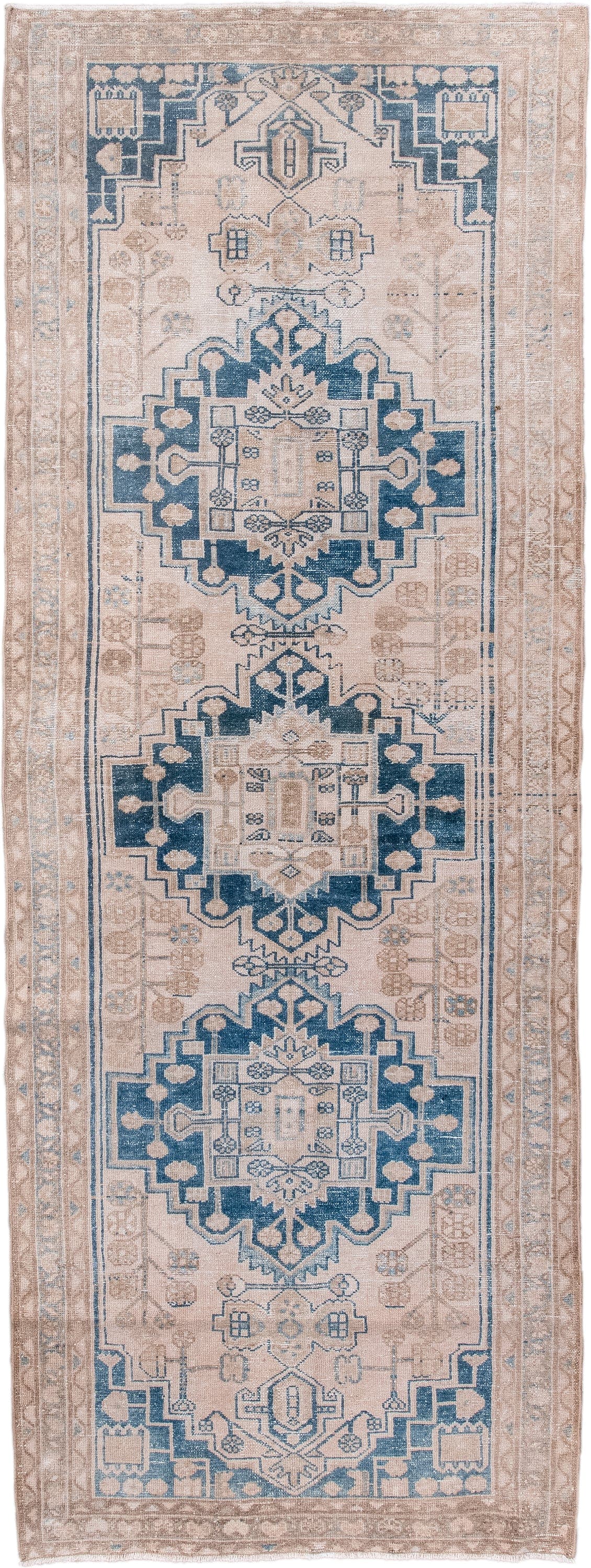 3' x 9' one-of-a-kind handmade vintage Malayer runner rug. Color palette: ivory, blue, taupe, beige, camel, gray