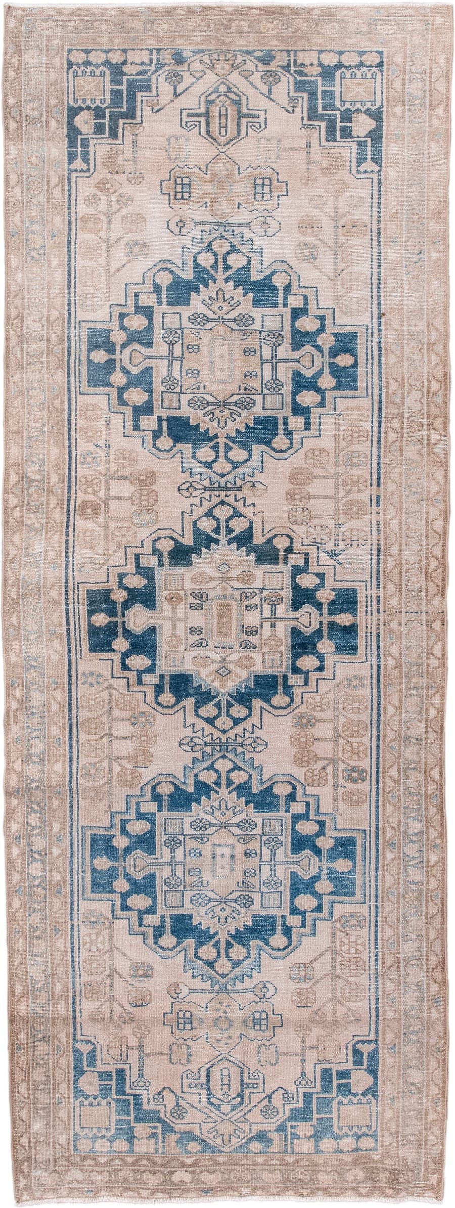 3' x 9' one-of-a-kind handmade vintage Malayer runner rug. Color palette: ivory, blue, taupe, beige, camel, gray