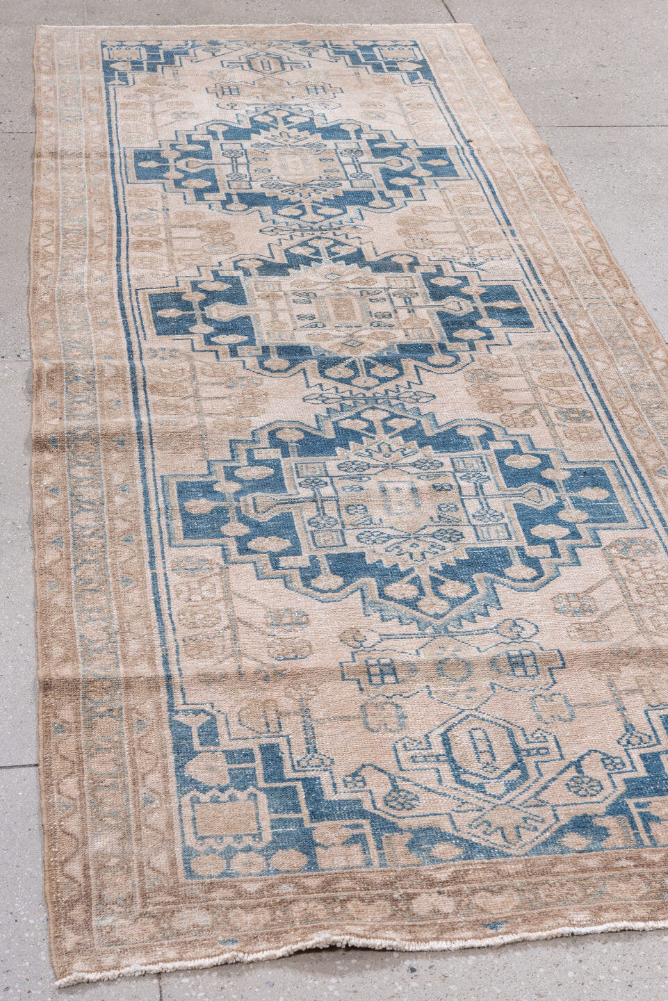 3' x 9' one-of-a-kind handmade vintage Malayer runner rug. Color palette: ivory, blue, taupe, beige, camel, gray