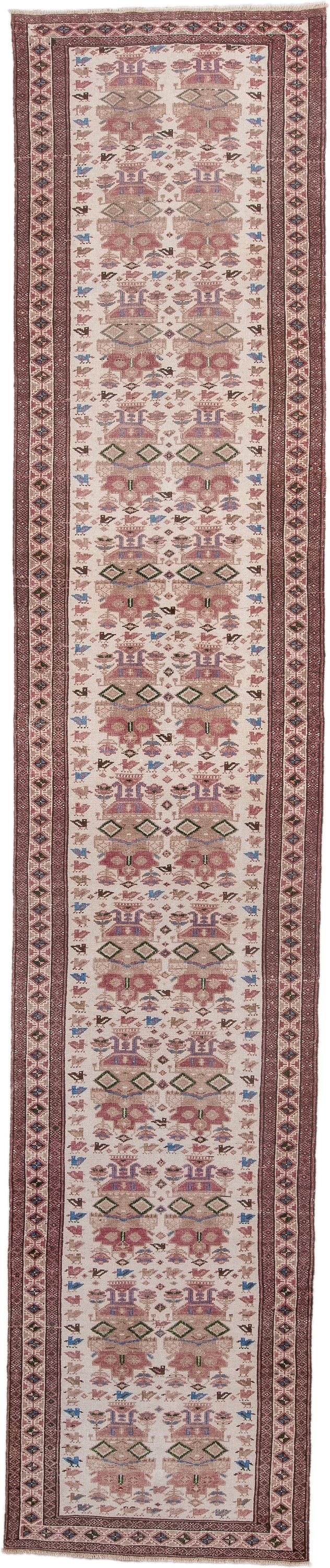 2' x 11' one-of-a-kind handmade antique Hamadan runner rug. Color palette: ivory, rose, rust, brown, blue, olive, taupe