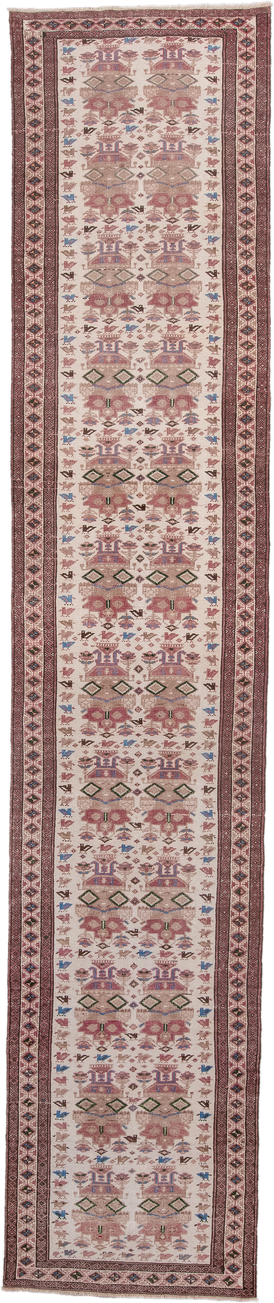 2' x 11' one-of-a-kind handmade antique Hamadan runner rug. Color palette: ivory, rose, rust, brown, blue, olive, taupe