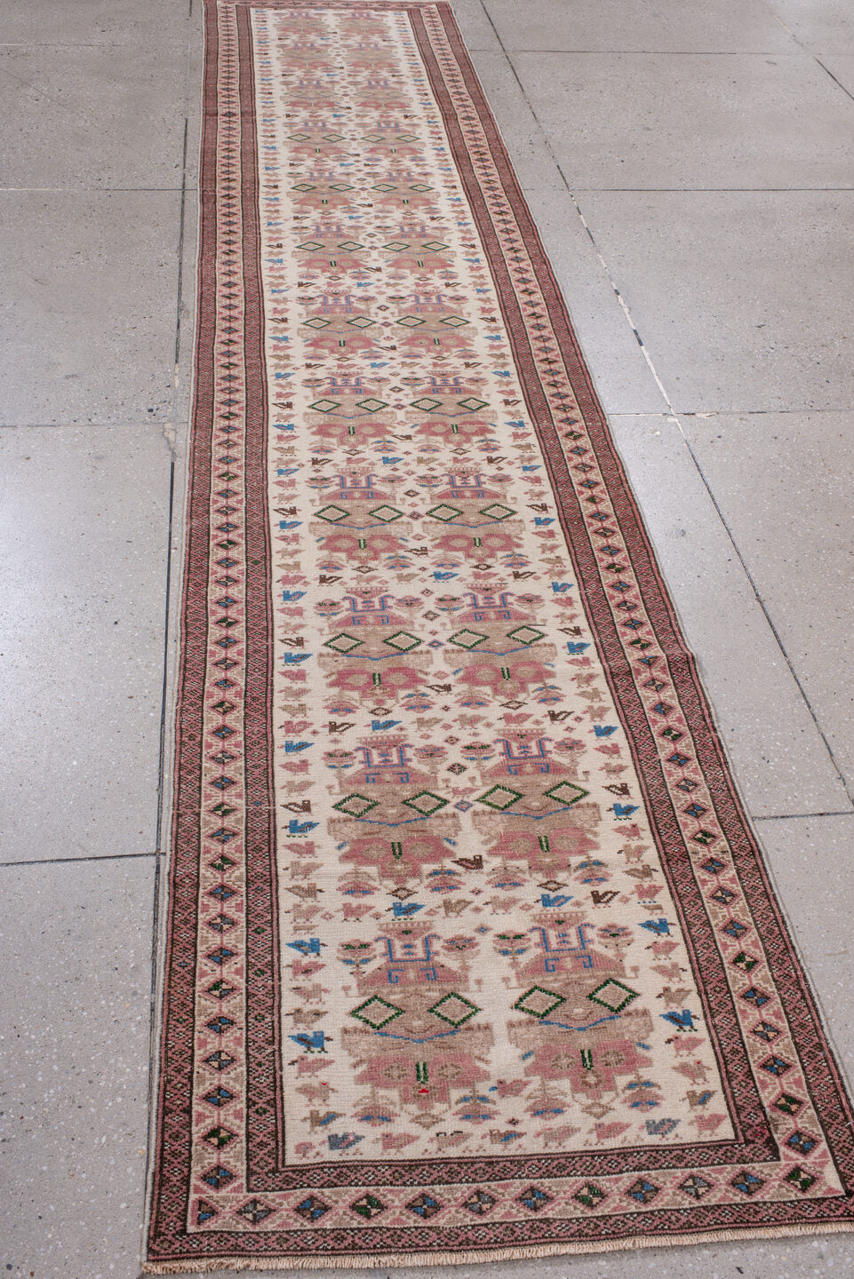 2' x 11' one-of-a-kind handmade antique Hamadan runner rug. Color palette: ivory, rose, rust, brown, blue, olive, taupe