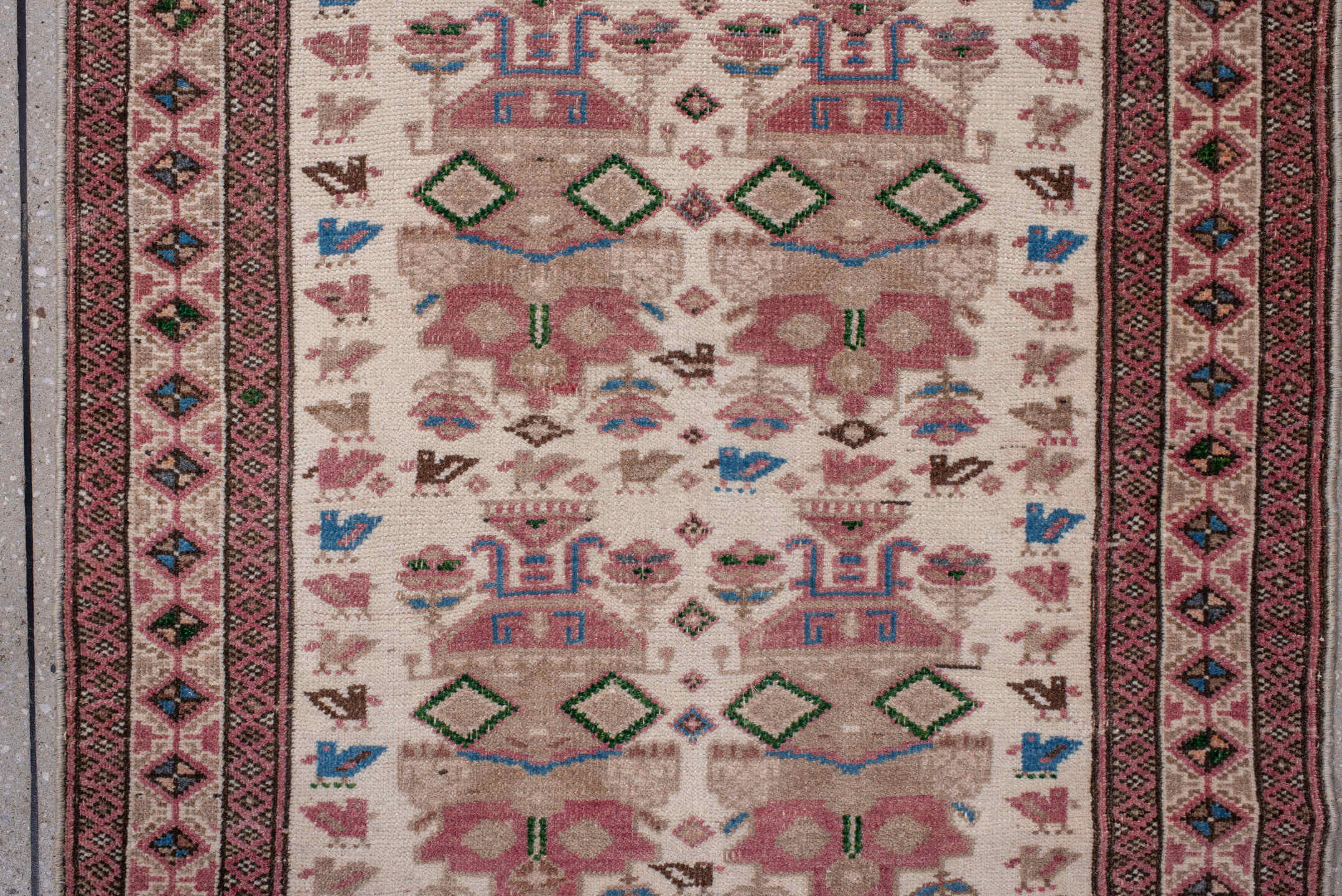 2' x 11' one-of-a-kind handmade antique Hamadan runner rug. Color palette: ivory, rose, rust, brown, blue, olive, taupe