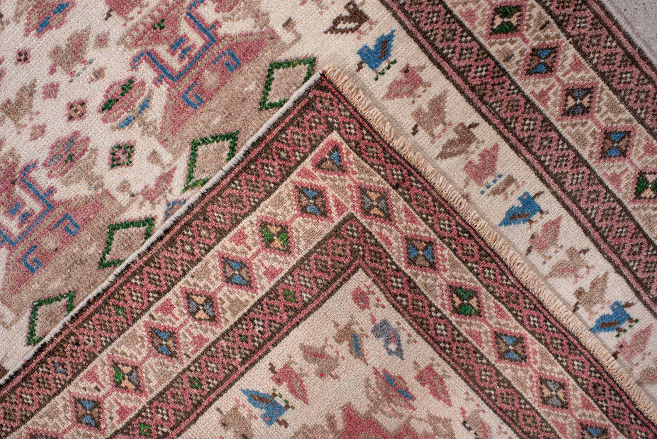 2' x 11' one-of-a-kind handmade antique Hamadan runner rug. Color palette: ivory, rose, rust, brown, blue, olive, taupe