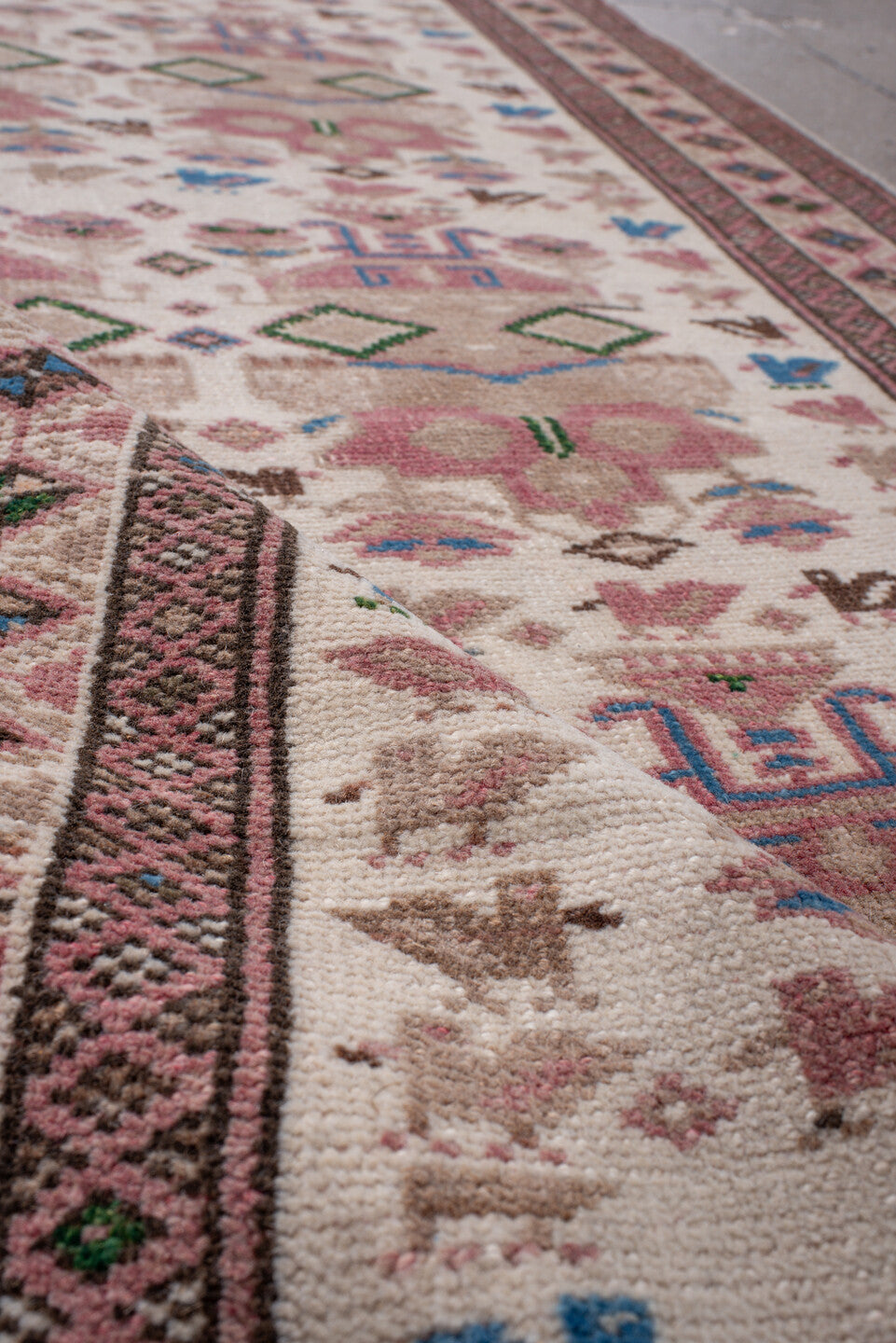 2' x 11' one-of-a-kind handmade antique Hamadan runner rug. Color palette: ivory, rose, rust, brown, blue, olive, taupe