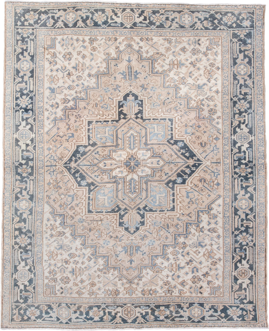 6' x 7' one-of-a-kind handmade vintage Heriz rug. Color palette: ivory, blue, taupe, charcoal, cream, slate, beige, gray