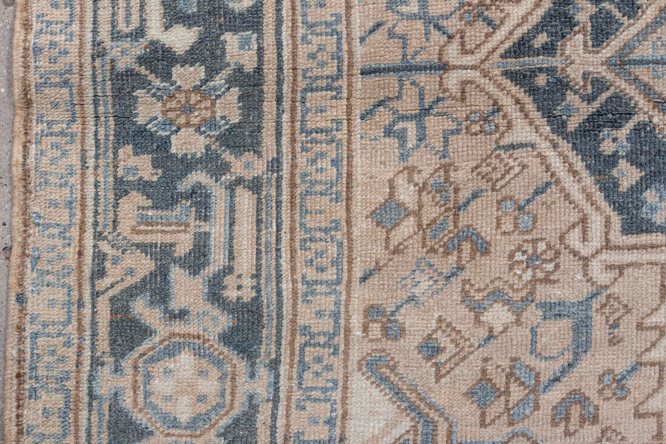 6' x 7' one-of-a-kind handmade vintage Heriz rug. Color palette: ivory, blue, taupe, charcoal, cream, slate, beige, gray