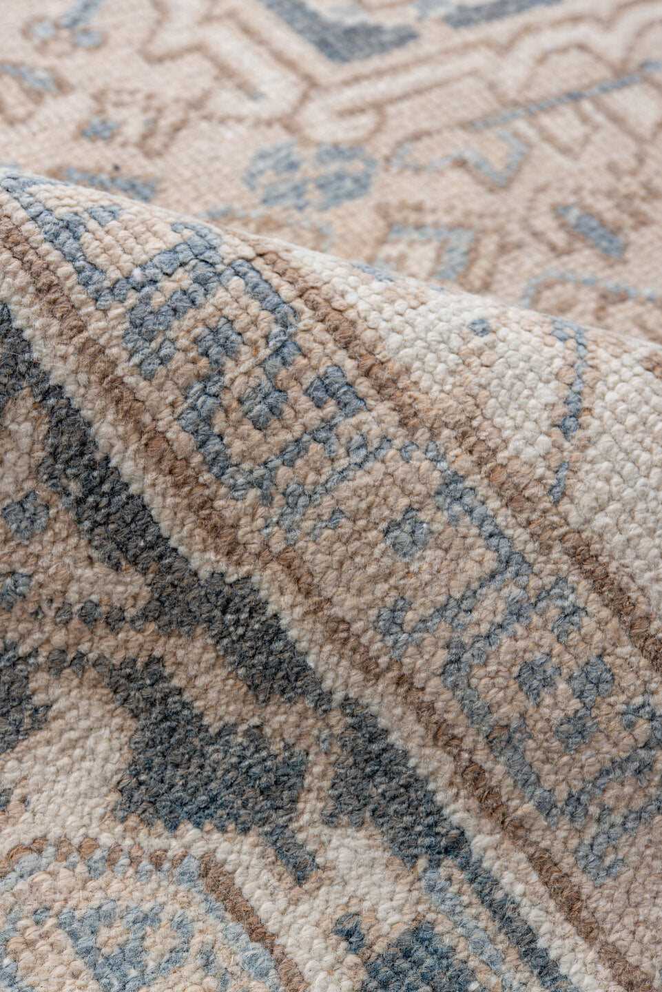 6' x 7' one-of-a-kind handmade vintage Heriz rug. Color palette: ivory, blue, taupe, charcoal, cream, slate, beige, gray