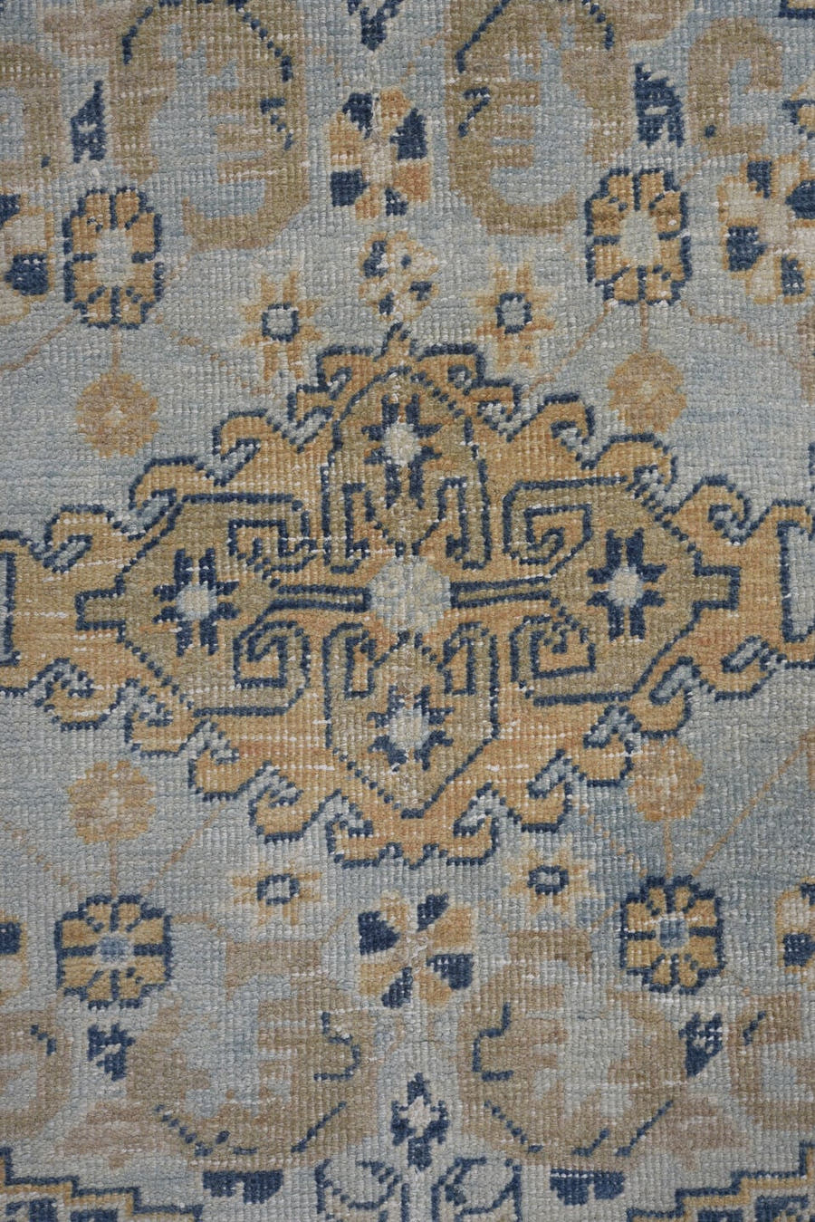 7' x 10' one-of-a-kind handmade antique Veece large size rug. Color palette: camel, powder blue, indigo, ivory, taupe, slate