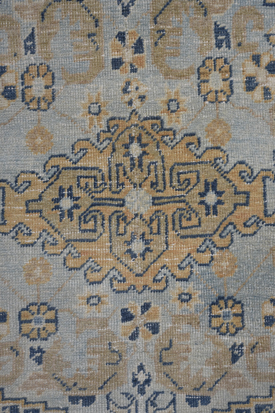 7' x 10' one-of-a-kind handmade antique Veece large size rug. Color palette: camel, powder blue, indigo, ivory, taupe, slate