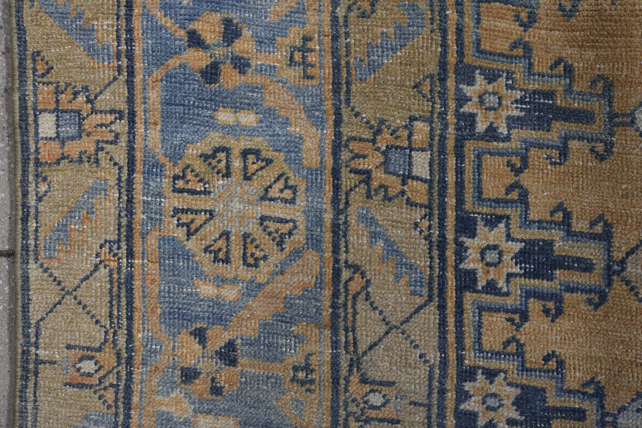 7' x 10' one-of-a-kind handmade antique Veece large size rug. Color palette: camel, powder blue, indigo, ivory, taupe, slate