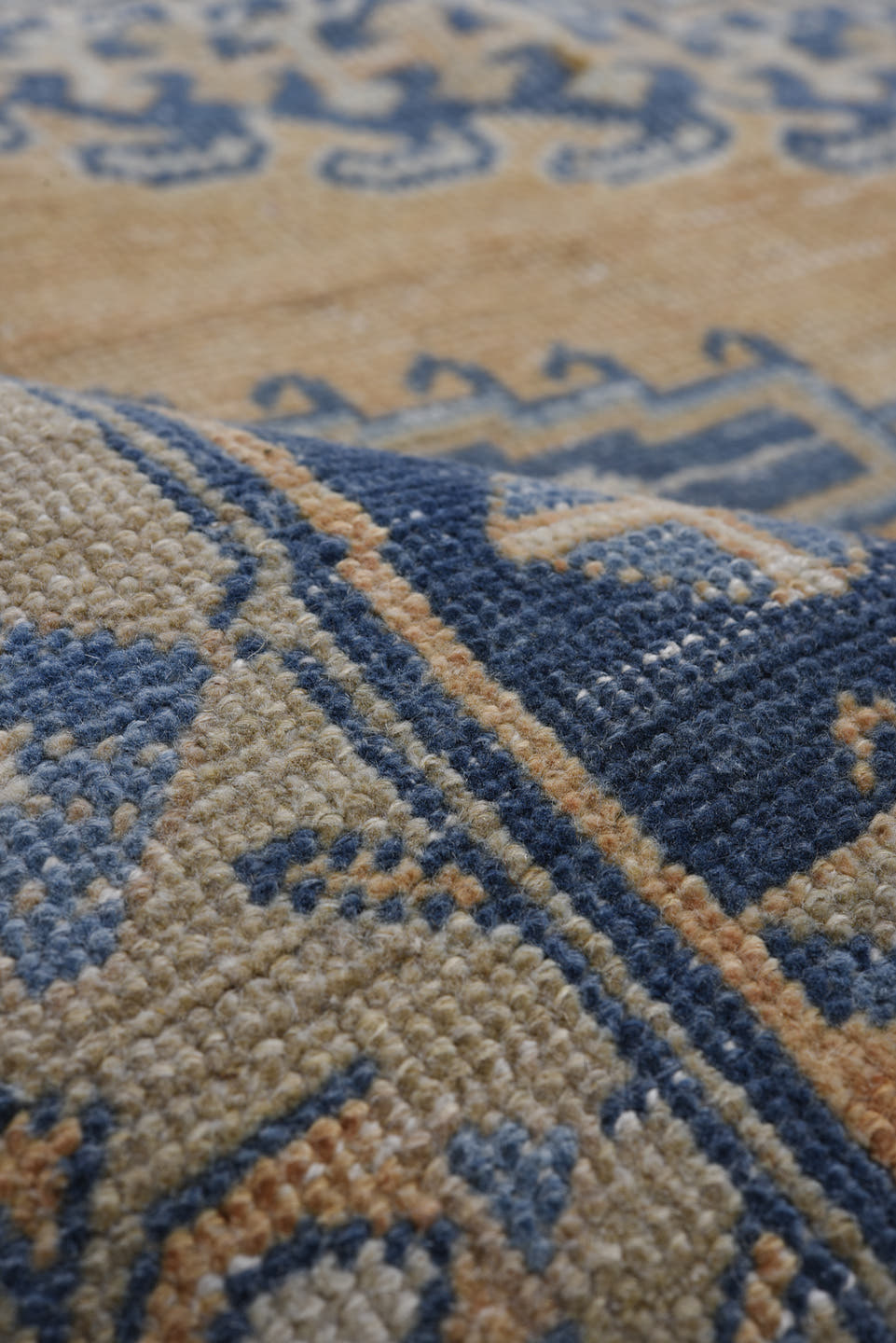 7' x 10' one-of-a-kind handmade antique Veece large size rug. Color palette: camel, powder blue, indigo, ivory, taupe, slate