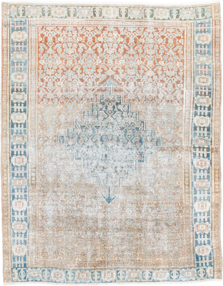 3' x 4' one-of-a-kind handmade antique Hamadan small size rug. Color palette: ivory, sky blue, sand, terra cotta, beige