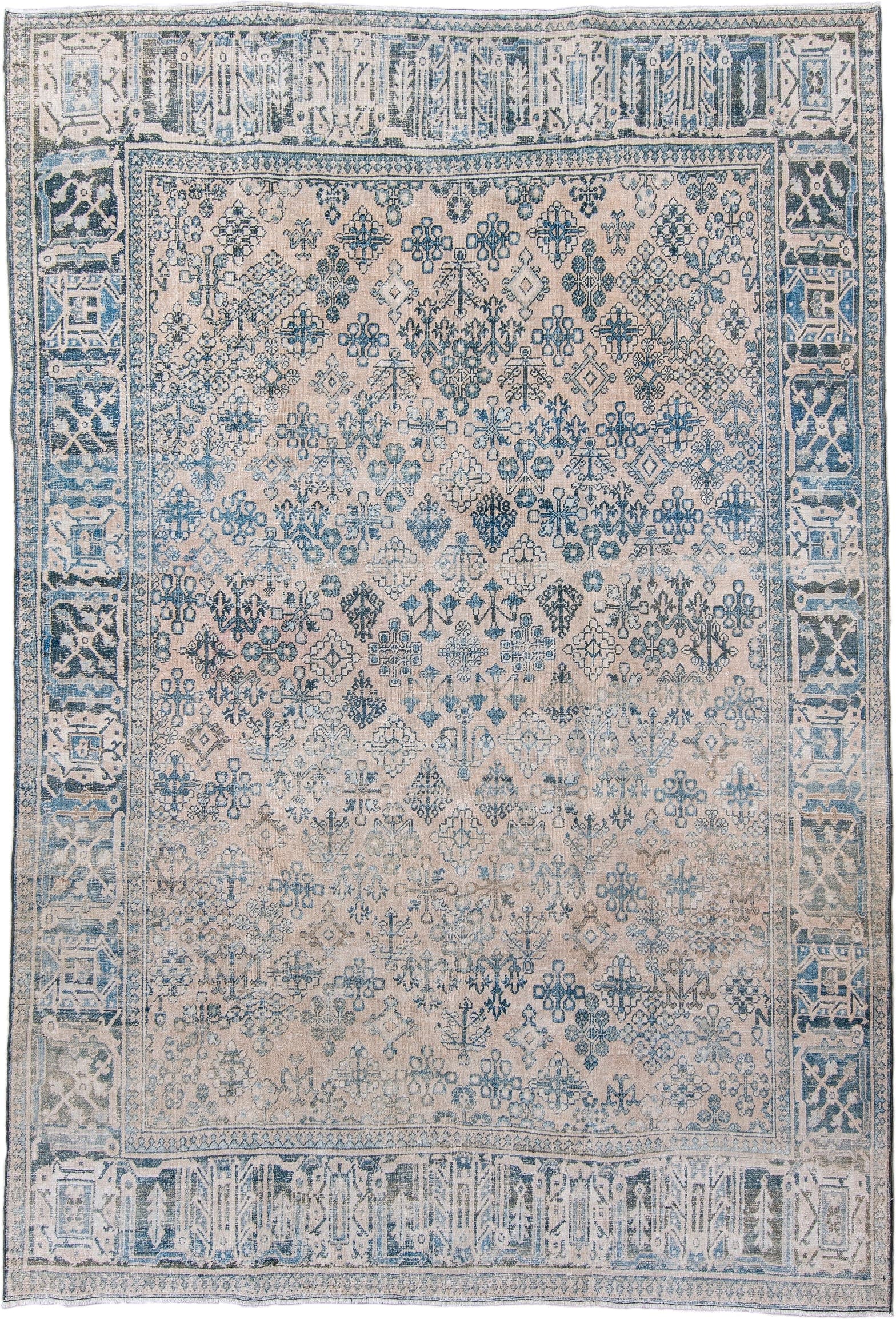 7' x 10' one-of-a-kind handmade antique Joshegan large size rug. Color palette: ivory, blue, slate, taupe, cream, gray