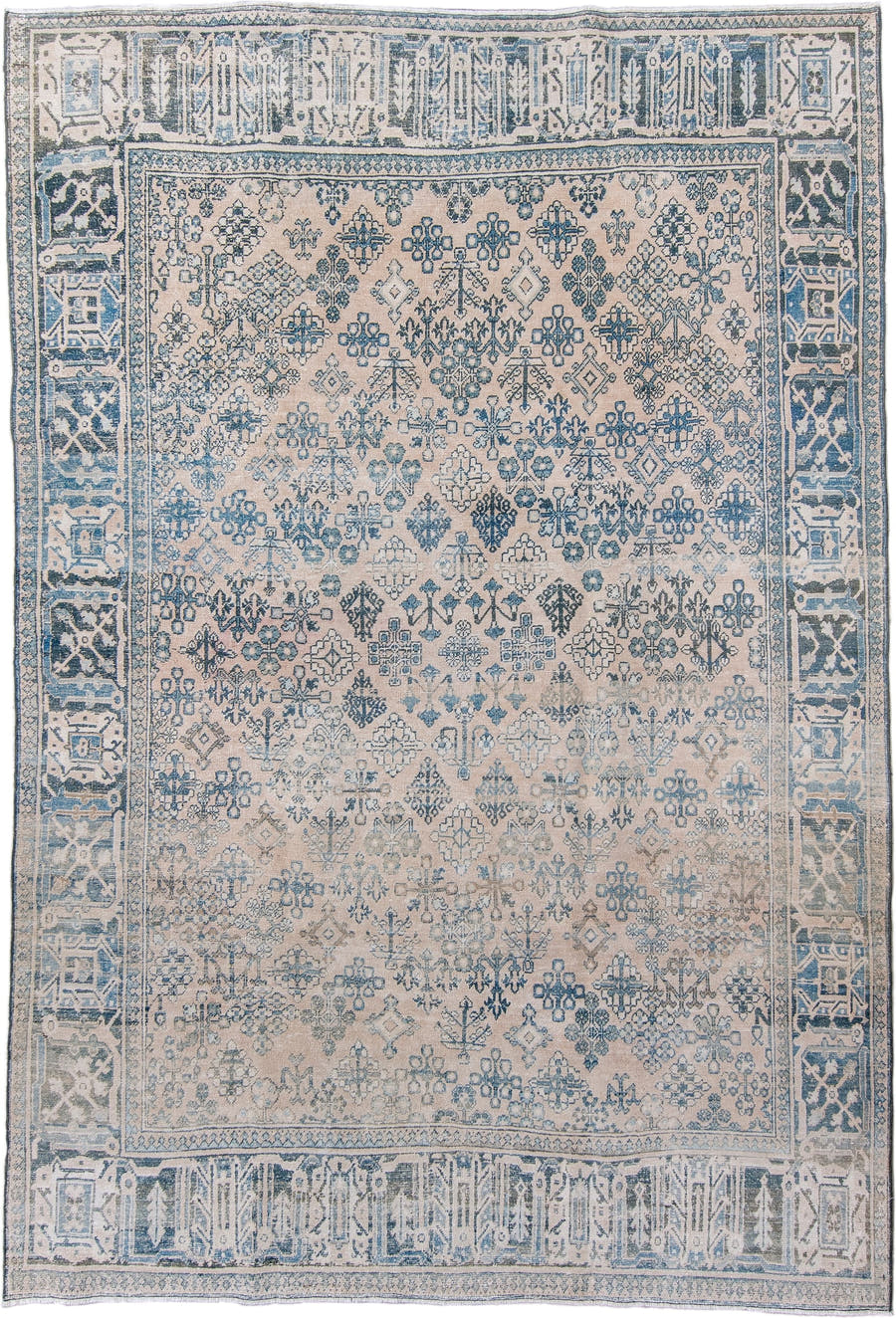 7' x 10' one-of-a-kind handmade antique Joshegan large size rug. Color palette: ivory, blue, slate, taupe, cream, gray