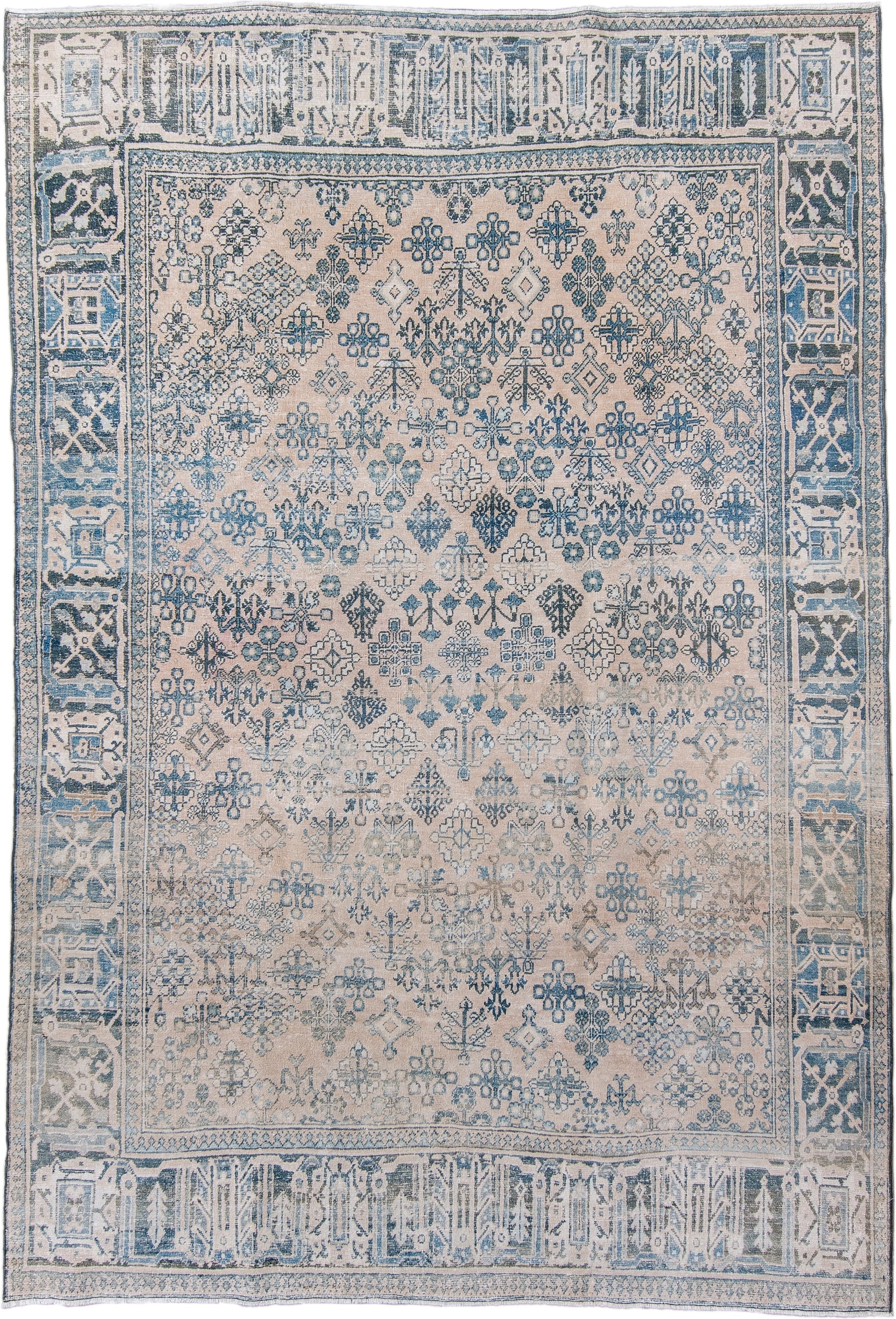 7' x 10' one-of-a-kind handmade antique Joshegan large size rug. Color palette: ivory, blue, slate, taupe, cream, gray