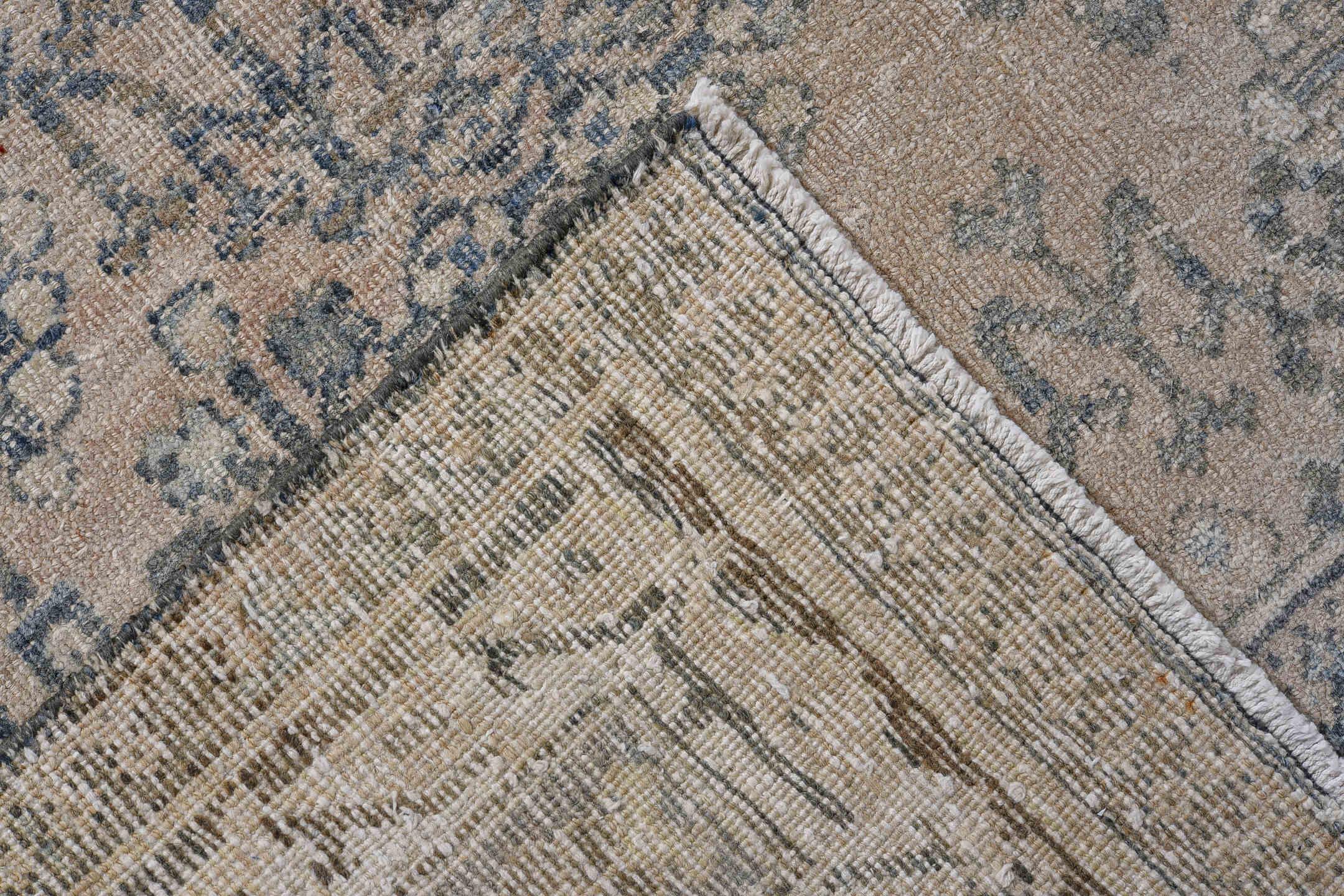 7' x 10' one-of-a-kind handmade antique Joshegan large size rug. Color palette: ivory, blue, slate, taupe, cream, gray
