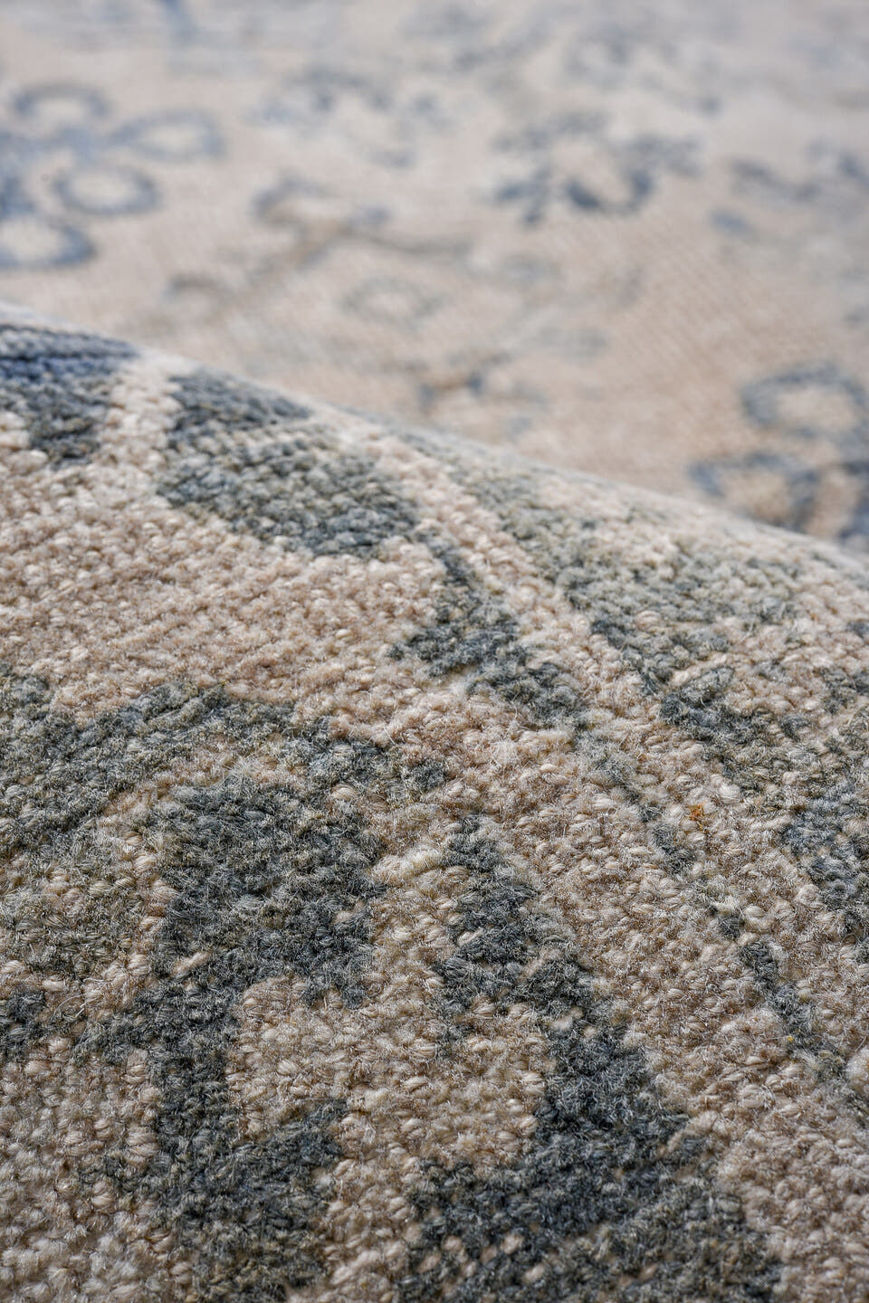 7' x 10' one-of-a-kind handmade antique Joshegan large size rug. Color palette: ivory, blue, slate, taupe, cream, gray