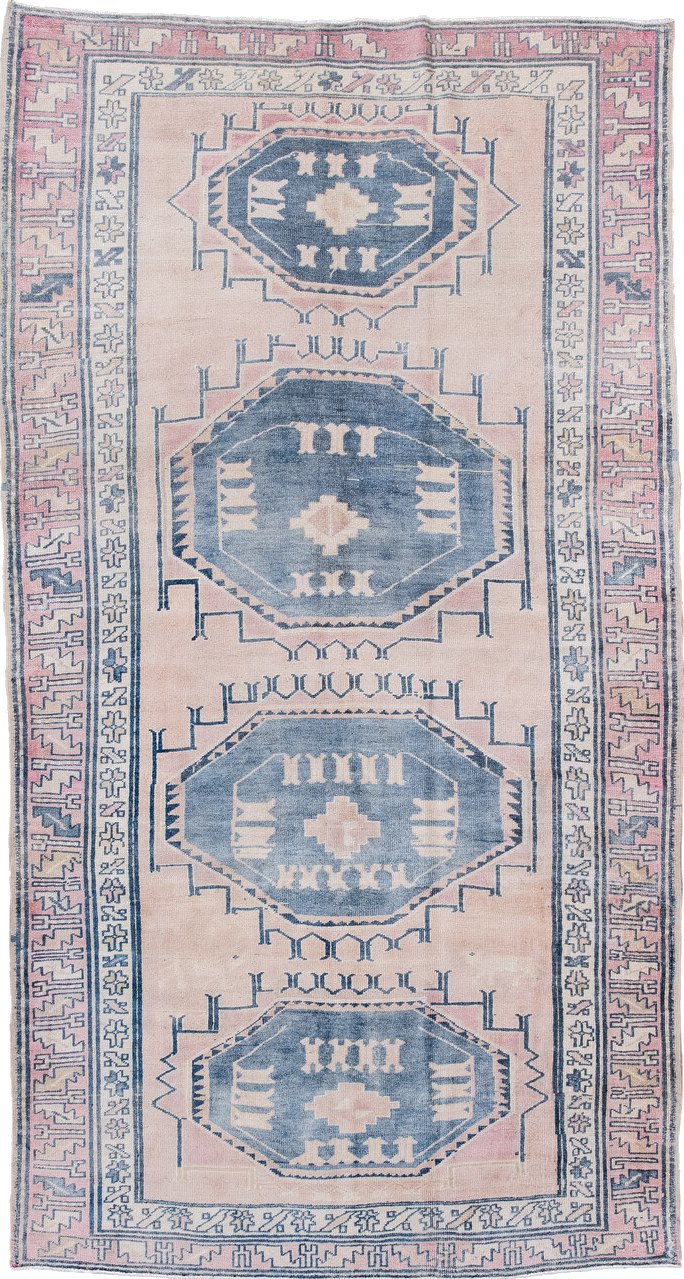 5' x 9' one-of-a-kind handmade vintage Caucasian medium size rug. Color palette: blue, fiord, gainsboro, gray, light gray