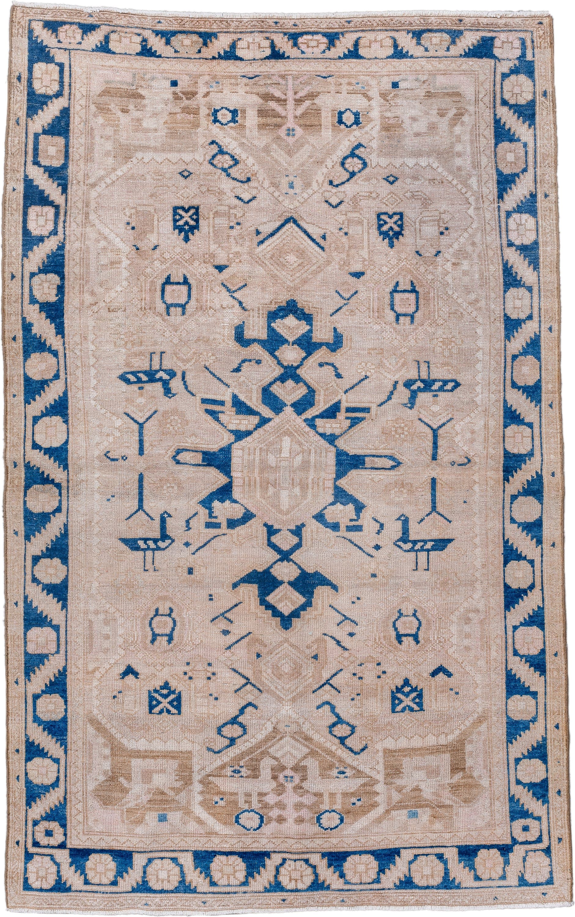 4' x 6' one-of-a-kind handmade vintage Hamadan small size rug. Color palette: ivory, beige, cobalt, taupe, blue, gray
