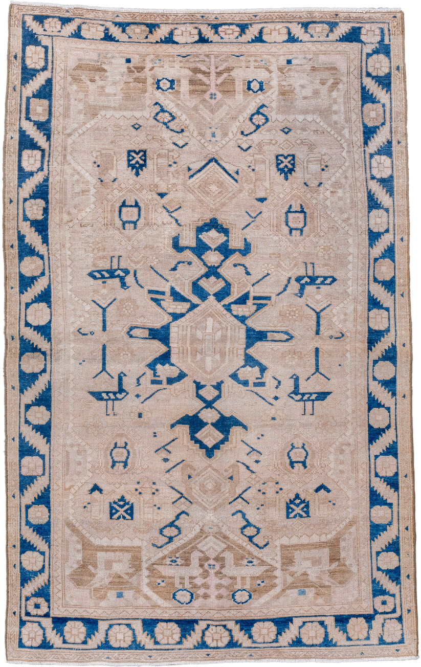 4' x 6' one-of-a-kind handmade vintage Hamadan small size rug. Color palette: ivory, beige, cobalt, taupe, blue, gray