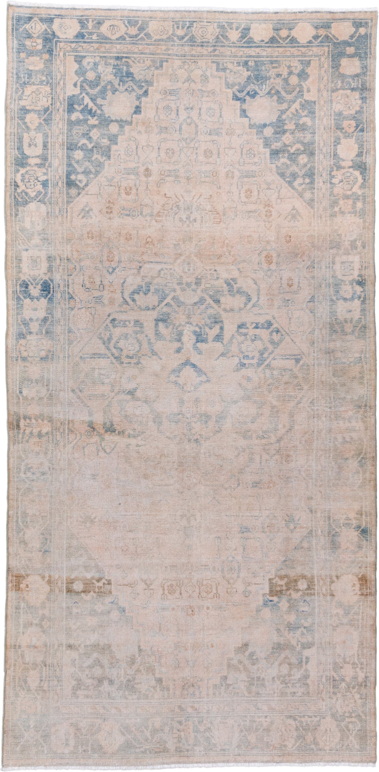 4' x 9' one-of-a-kind handmade vintage Hamadan runner rug. Color palette: ivory, pale blue, beige, taupe, camel, light blue
