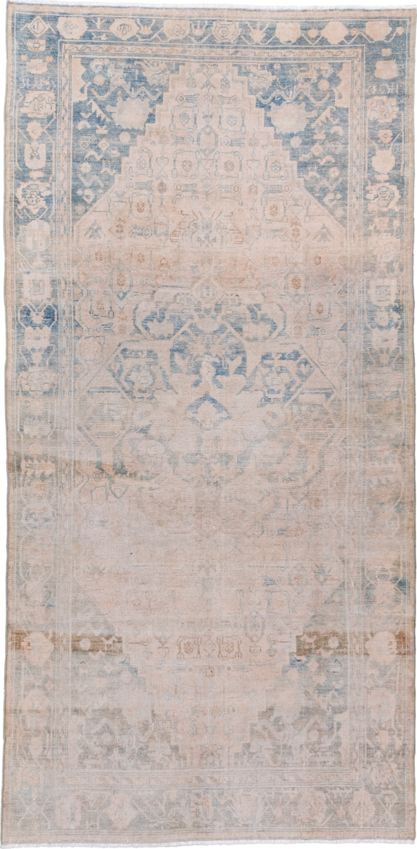 4' x 9' one-of-a-kind handmade vintage Hamadan runner rug. Color palette: ivory, pale blue, beige, taupe, camel, light blue