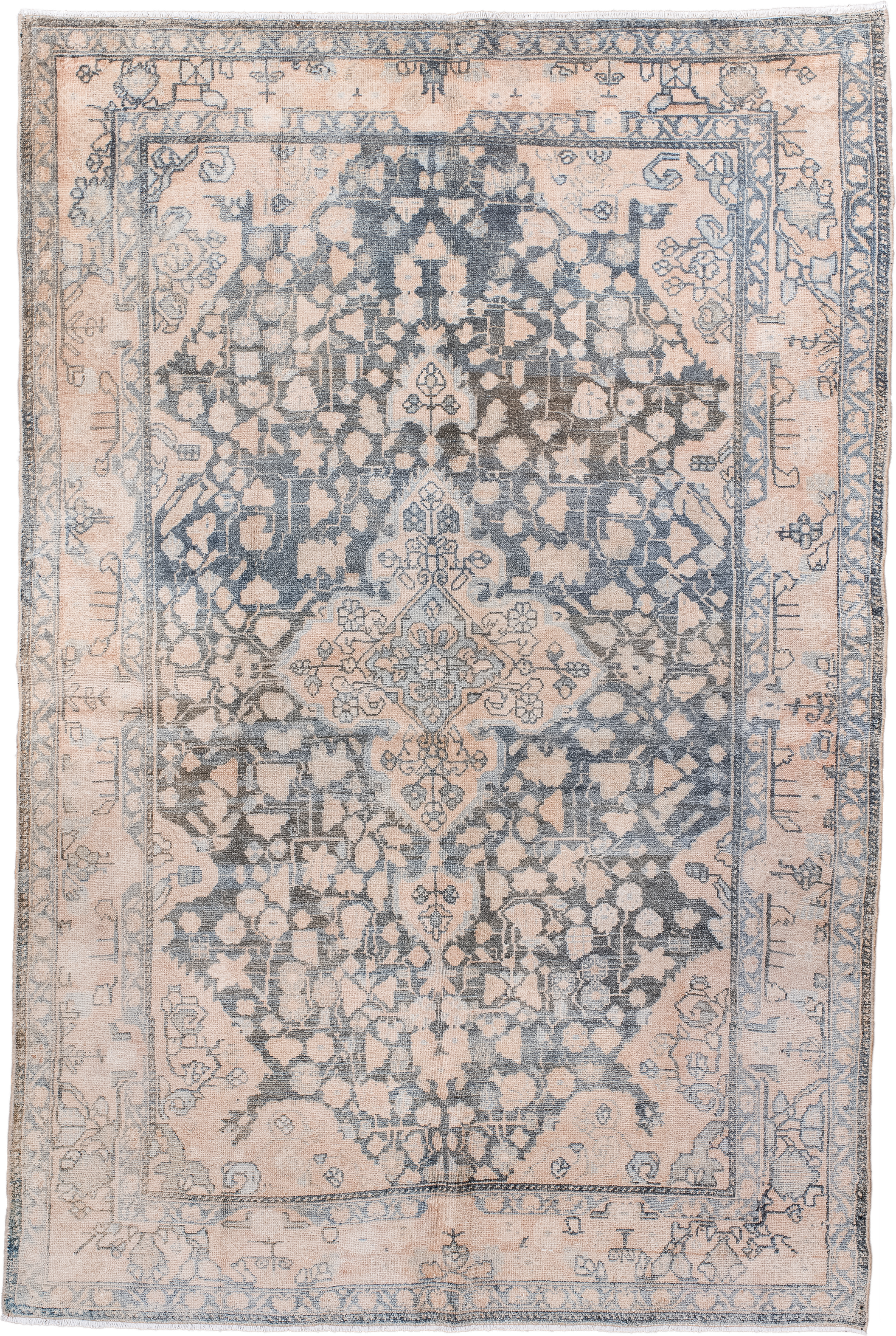 4' x 7' one-of-a-kind handmade antique Malayer rug. Color palette: blush, pale blue, ivory, taupe, slate, pink, light blue