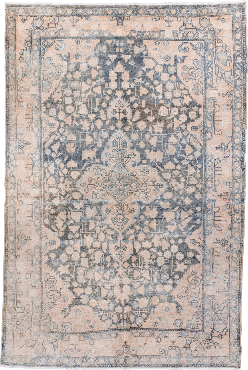 4' x 7' one-of-a-kind handmade antique Malayer rug. Color palette: blush, pale blue, ivory, taupe, slate, pink, light blue