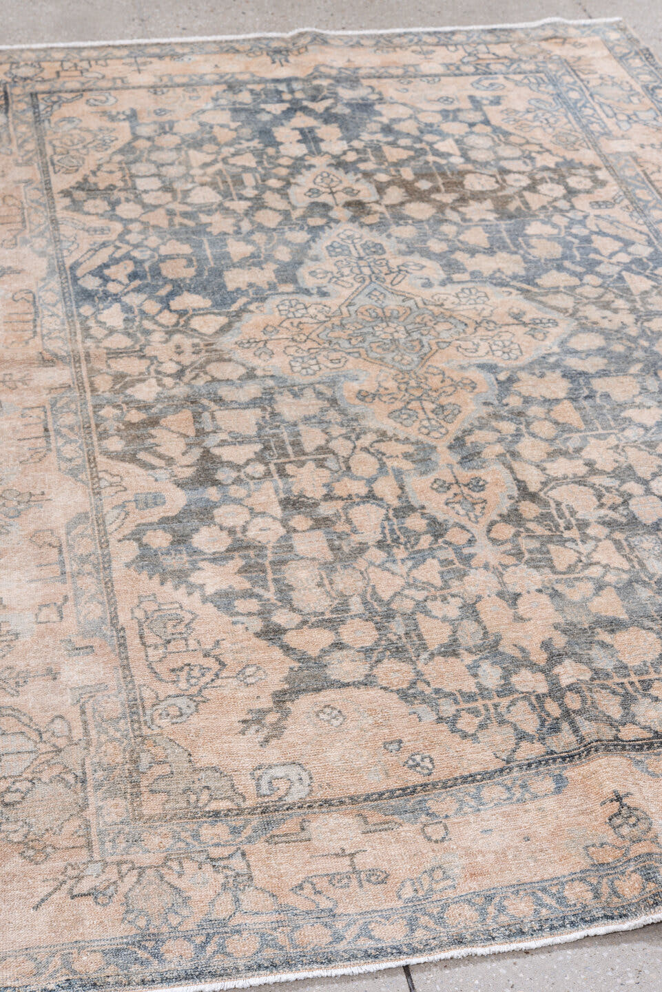 4' x 7' one-of-a-kind handmade antique Malayer rug. Color palette: blush, pale blue, ivory, taupe, slate, pink, light blue