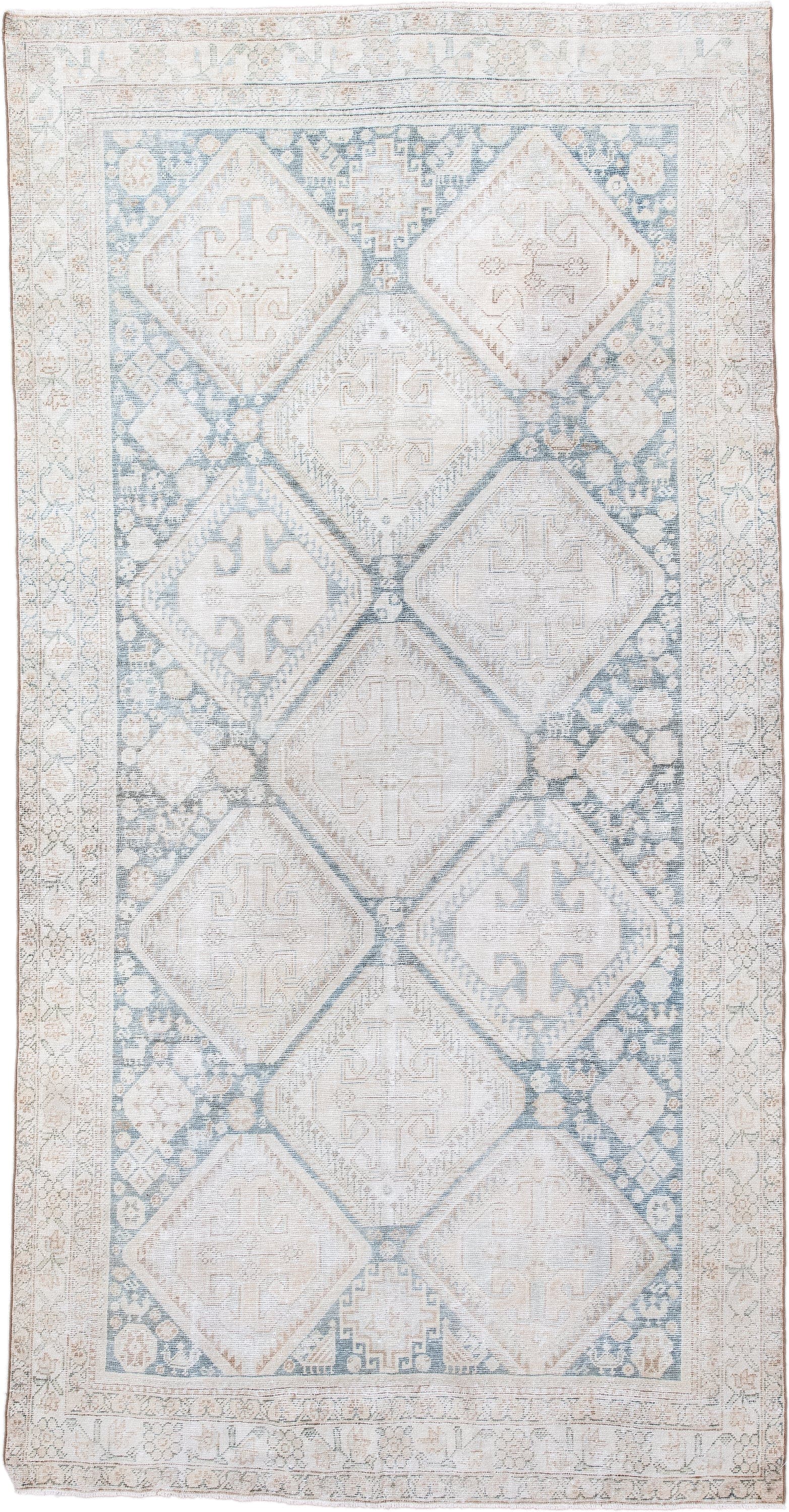 5' x 9' one-of-a-kind handmade antique Farahan medium size rug. Color palette: ivory, pale blue, sand, beige, taupe