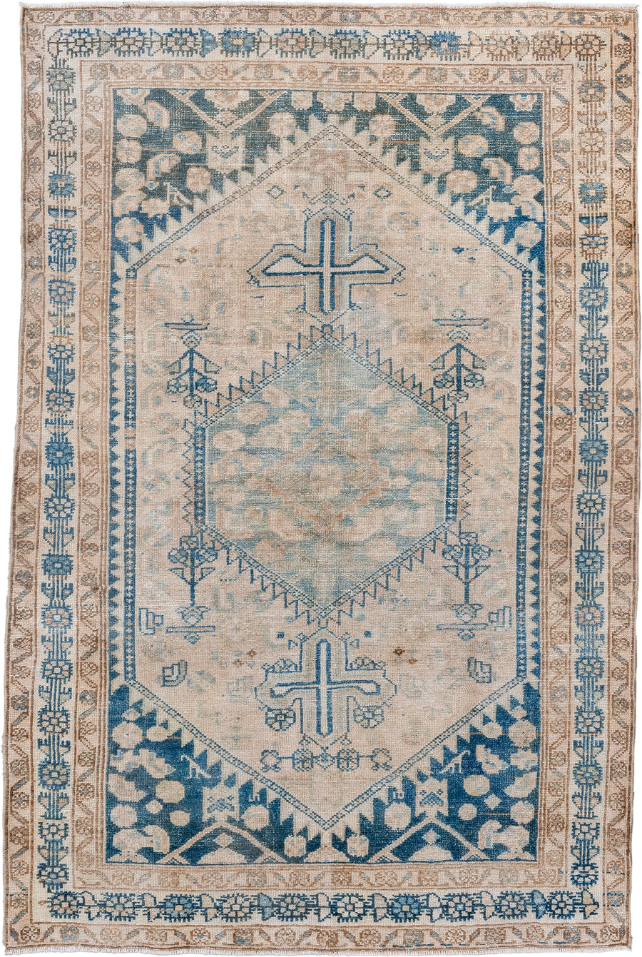 4' x 6' one-of-a-kind handmade vintage Hamadan small size rug. Color palette: ivory, blue, beige, camel, taupe, gray
