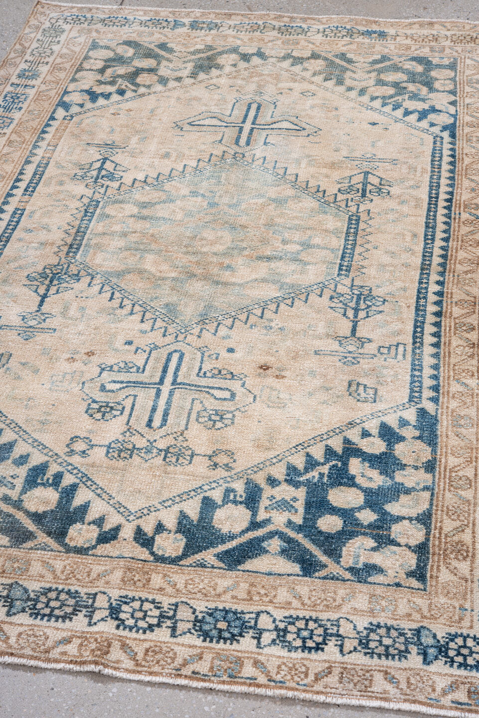 4' x 6' one-of-a-kind handmade vintage Hamadan small size rug. Color palette: ivory, blue, beige, camel, taupe, gray