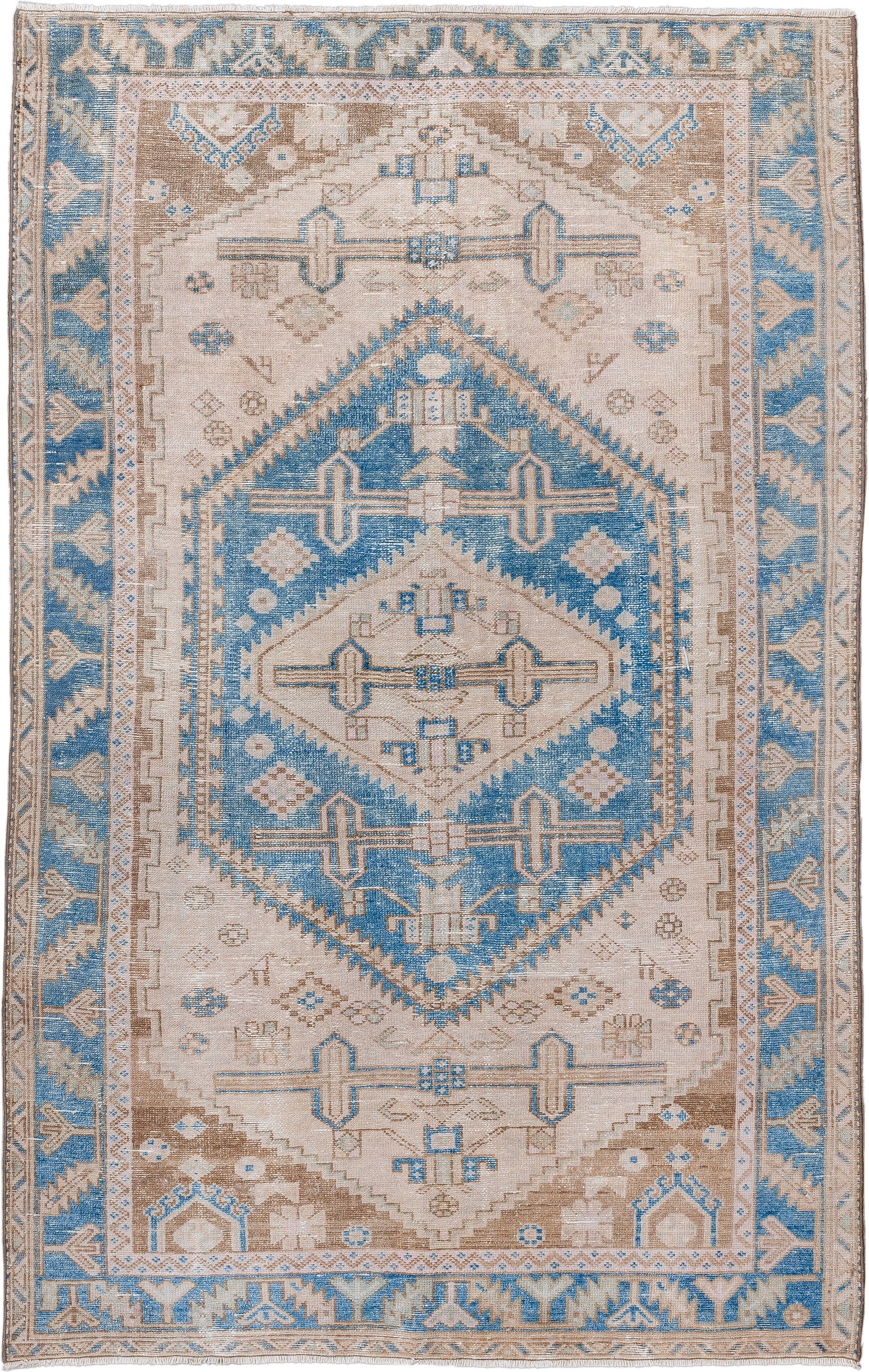 4' x 6' one-of-a-kind handmade vintage Hamadan rug. Color palette: ivory, sky blue, taupe, beige, camel, light blue, gray