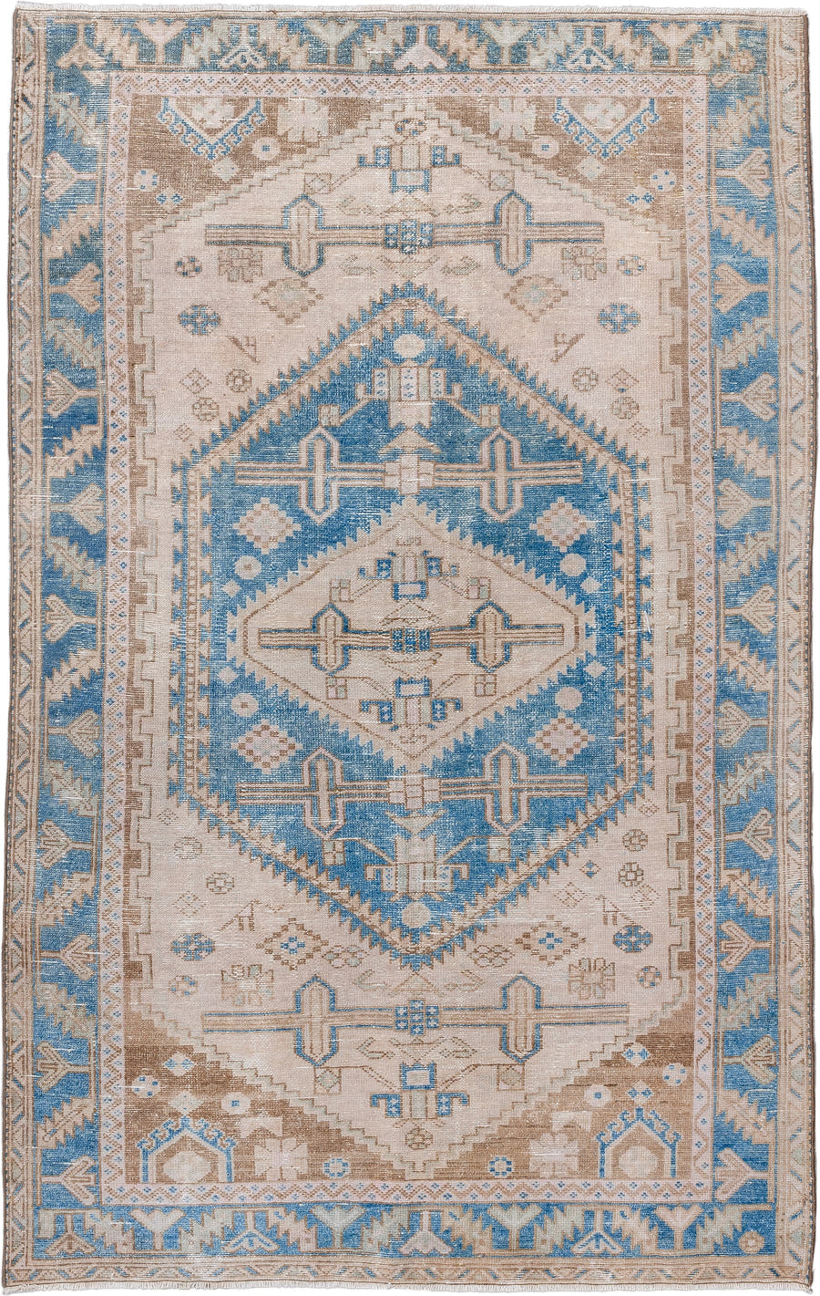 4' x 6' one-of-a-kind handmade vintage Hamadan rug. Color palette: ivory, sky blue, taupe, beige, camel, light blue, gray