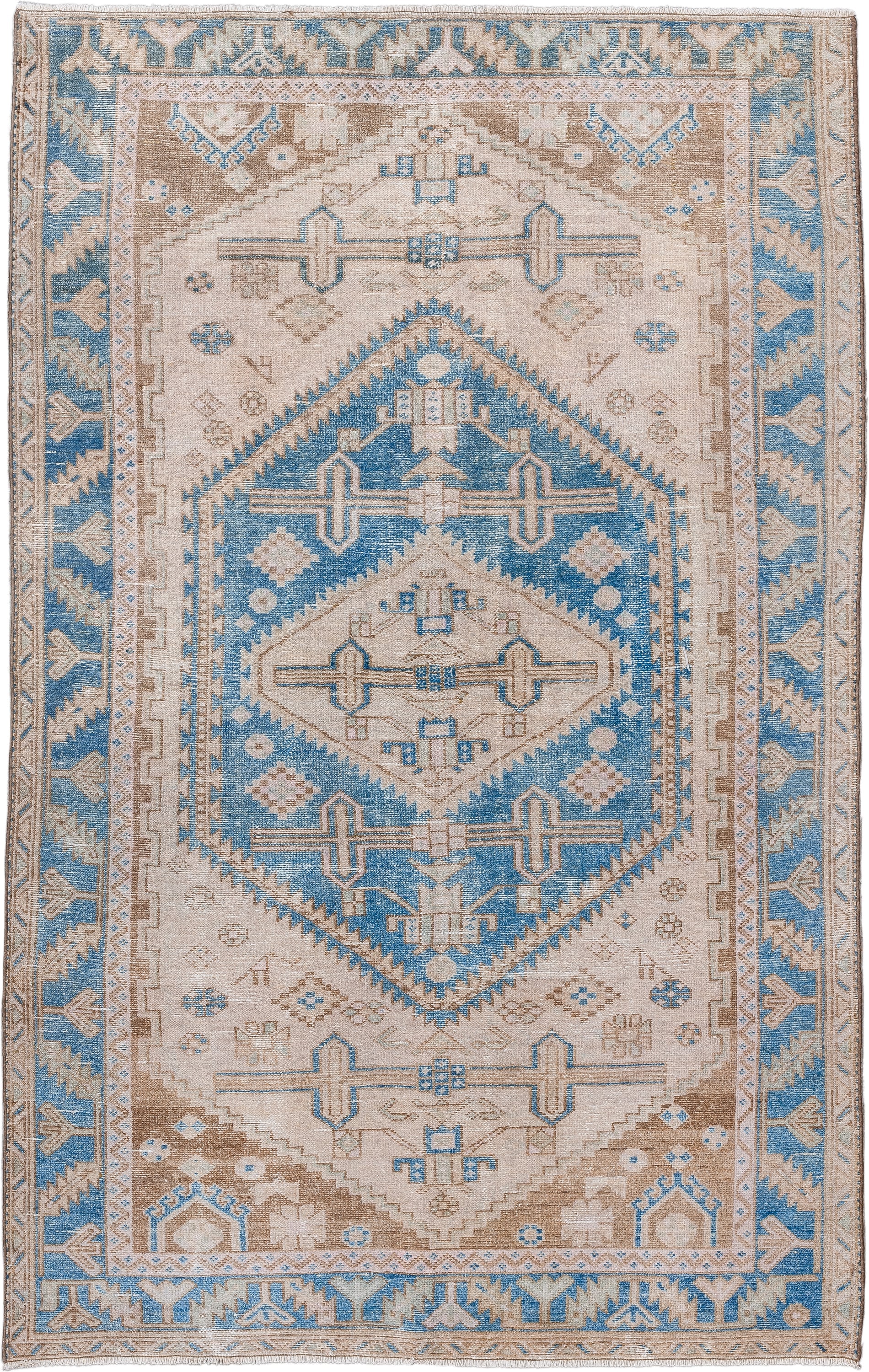 4' x 6' one-of-a-kind handmade vintage Hamadan rug. Color palette: ivory, sky blue, taupe, beige, camel, light blue, gray