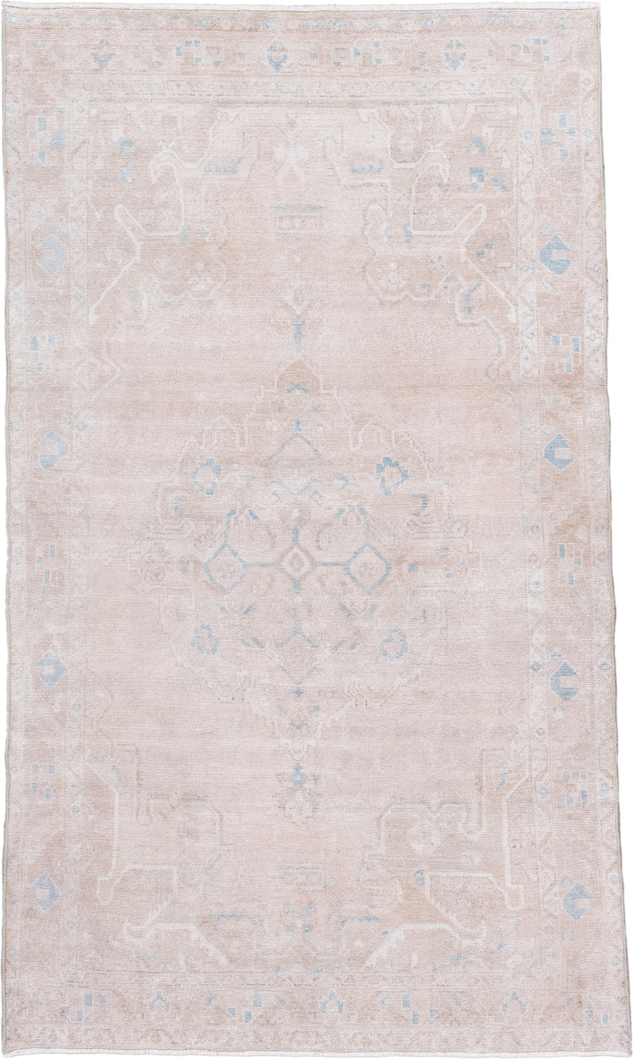 4' x 7' one-of-a-kind handmade vintage Hamadan rug. Color palette: blush, ivory, pale blue, beige, cream, pink, light blue