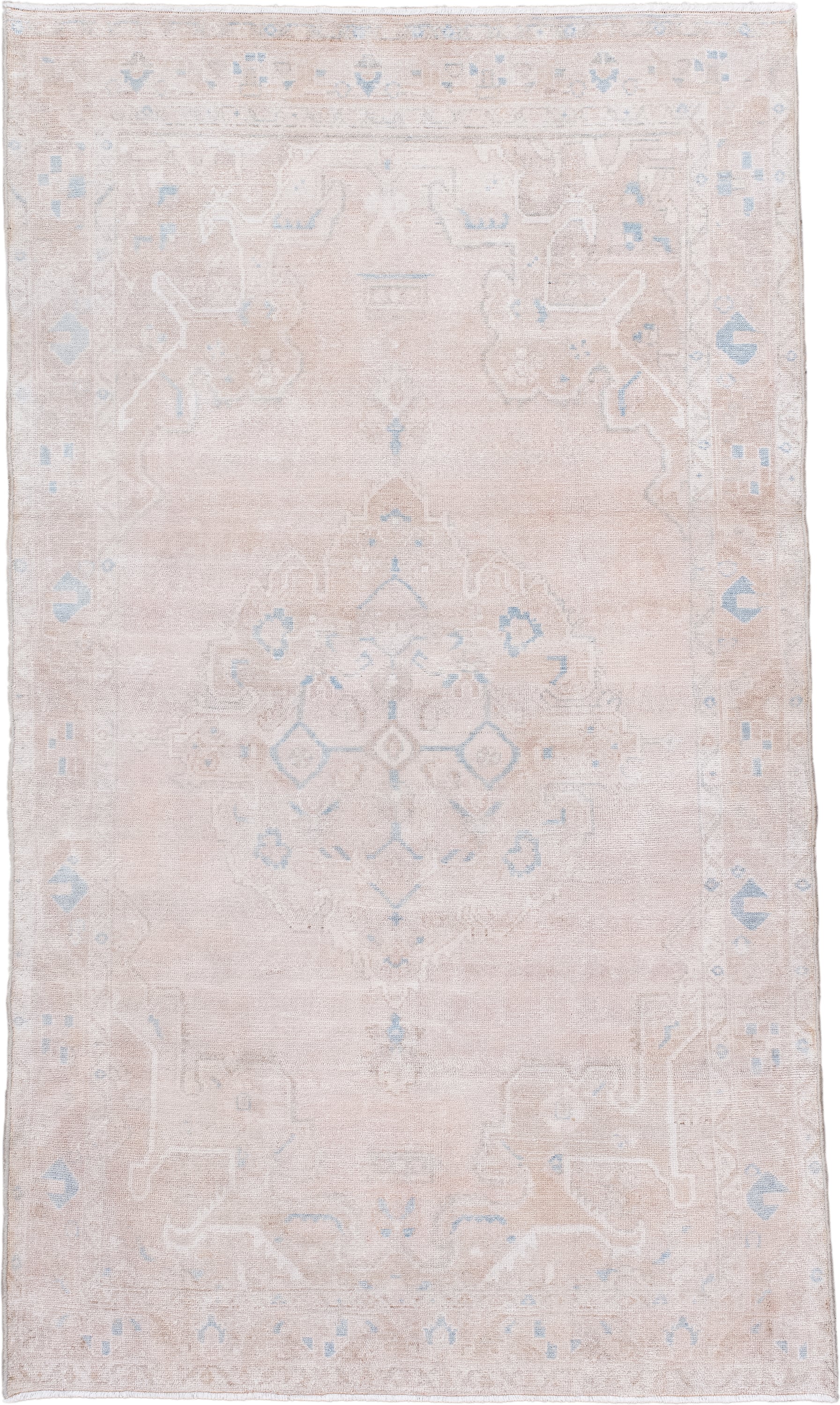 4' x 7' one-of-a-kind handmade vintage Hamadan rug. Color palette: blush, ivory, pale blue, beige, cream, pink, light blue