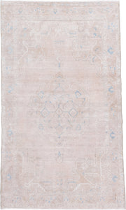 4' x 7' one-of-a-kind handmade vintage Hamadan rug. Color palette: blush, ivory, pale blue, beige, cream, pink, light blue