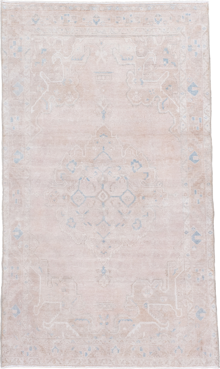 4' x 7' one-of-a-kind handmade vintage Hamadan rug. Color palette: blush, ivory, pale blue, beige, cream, pink, light blue